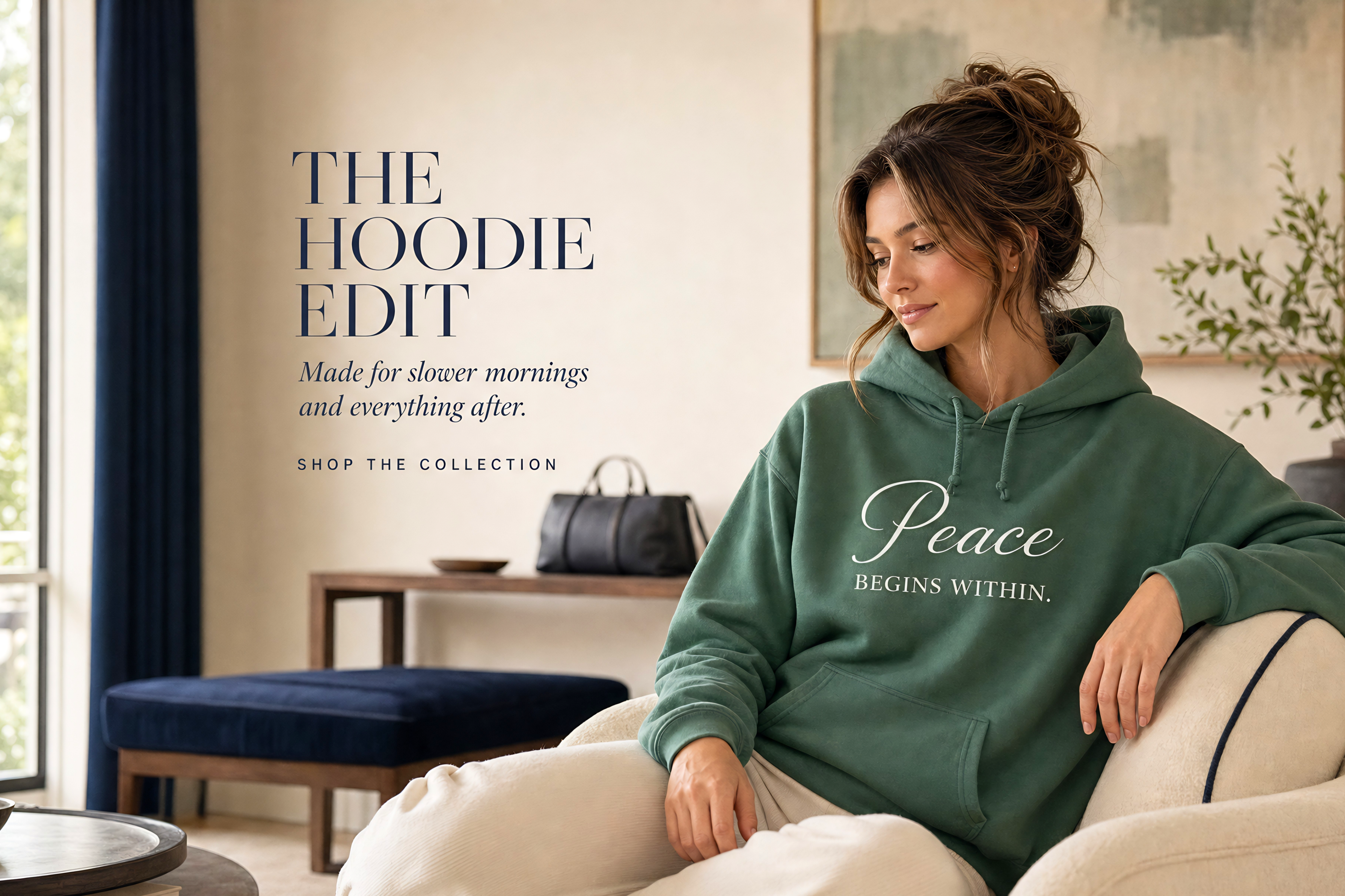 Woman wearing a sage green Peace Begins Within hoodie in a luxury hotel lounge with navy accents, ivory furniture and relaxed editorial styling for Living Redesigned.