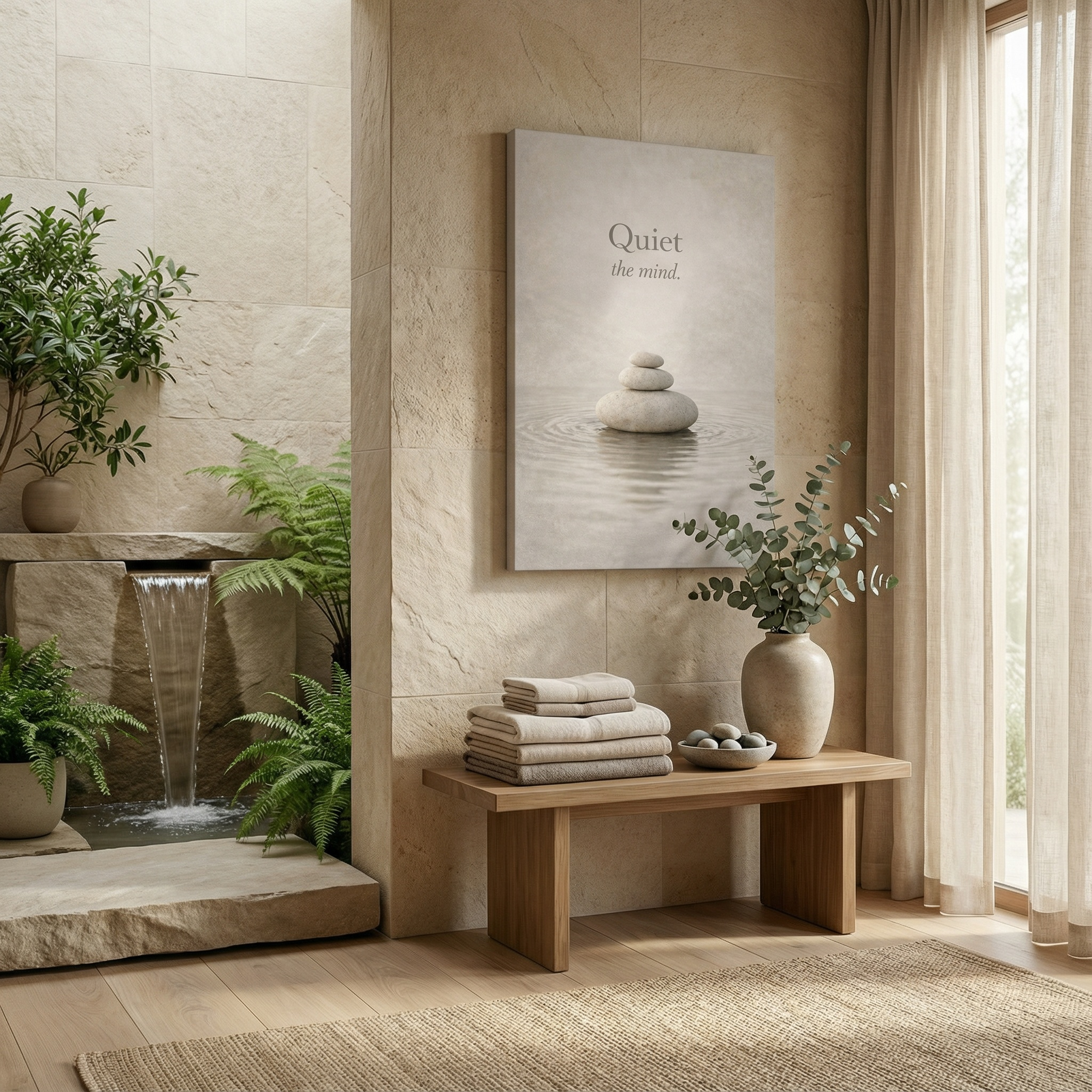 Peaceful meditation interior design with a water feature, towels, and a 'Quiet the mind' Zen mindfulness canvas wall art
