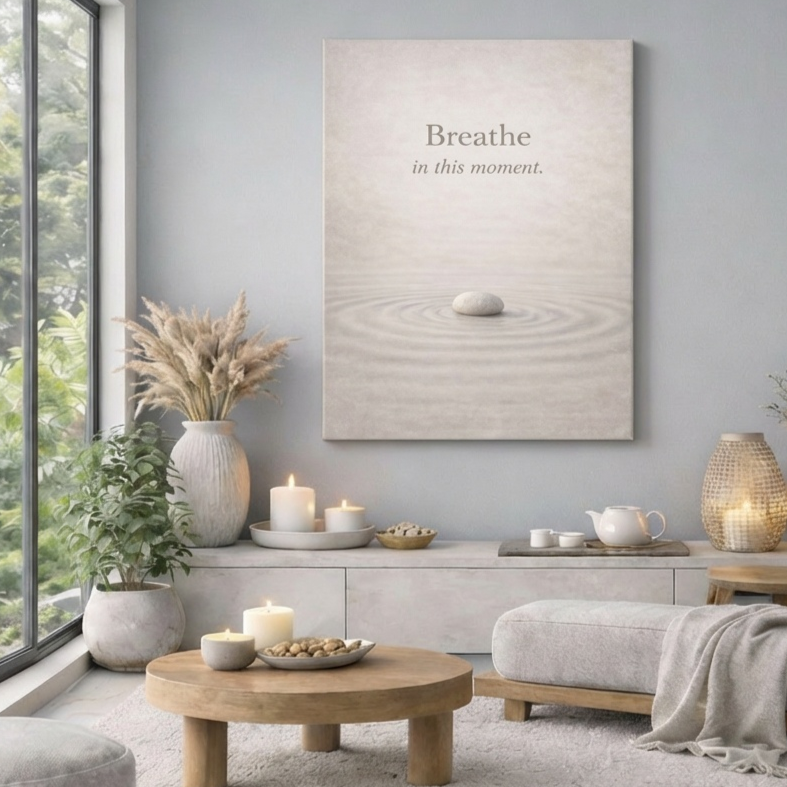 Living room with a 'Breathe in this moment' Zen mindfulness canvas wall art, candles, and plants.