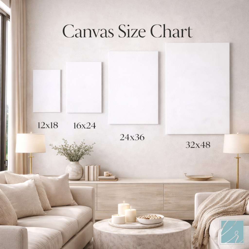 Living room with canvas size chart on the wall