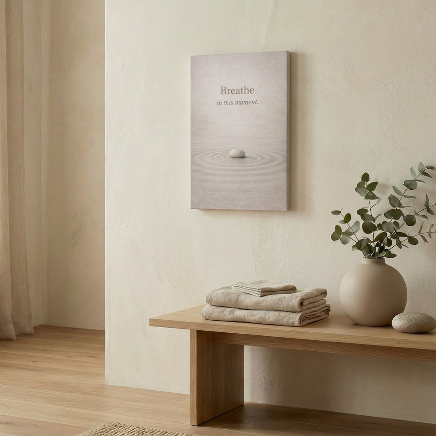 Nordic interior with a wooden bench, folded towels, a vase with greenery, and a Zen mindfulness canvas wall art.