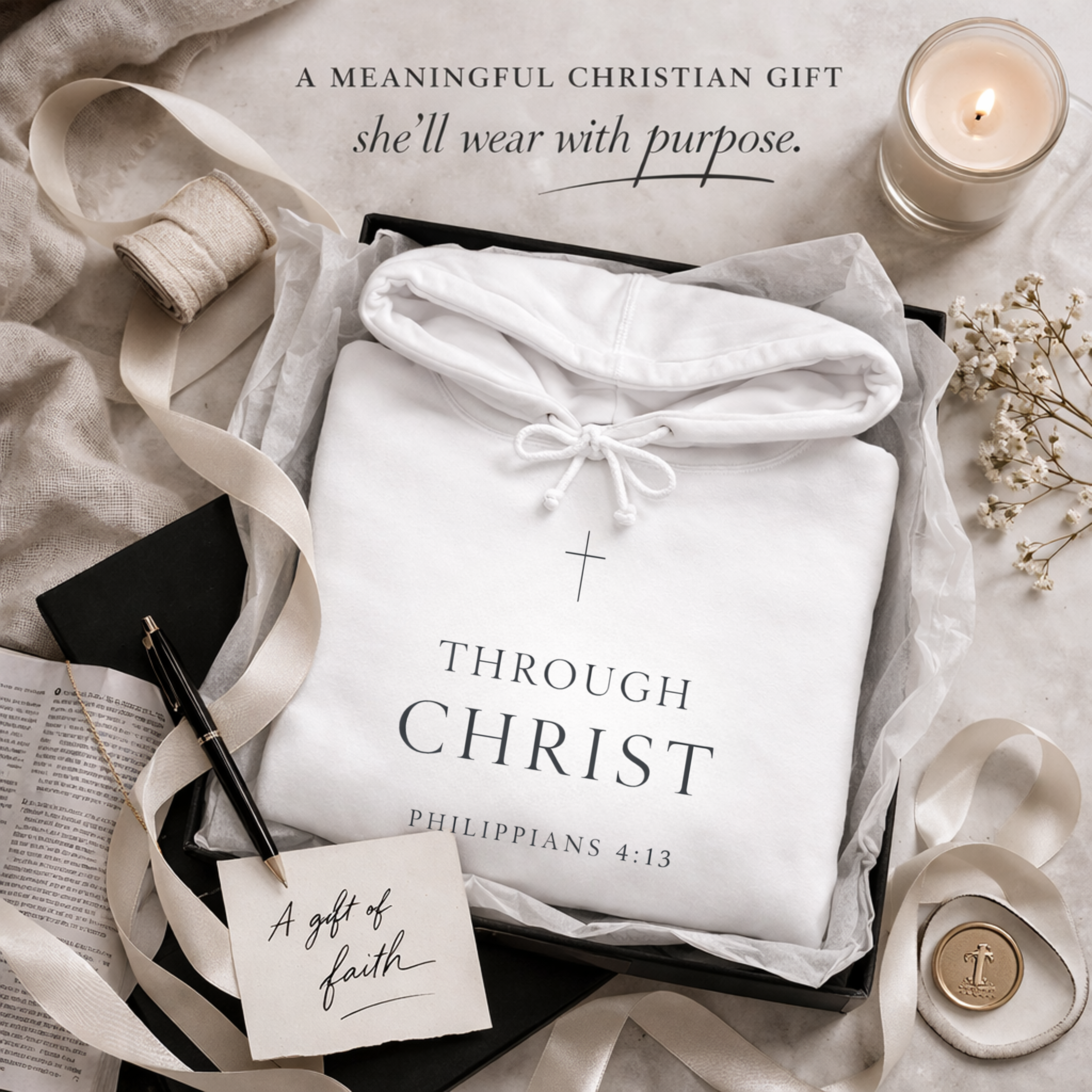 Christian gift hoodie for women with Philippians 4:13 Bible verse Through Christ inspirational faith sweatshirt, gift card, and candle on a light background. Text "A meaningful Christian gift she'll wear with purpose."
