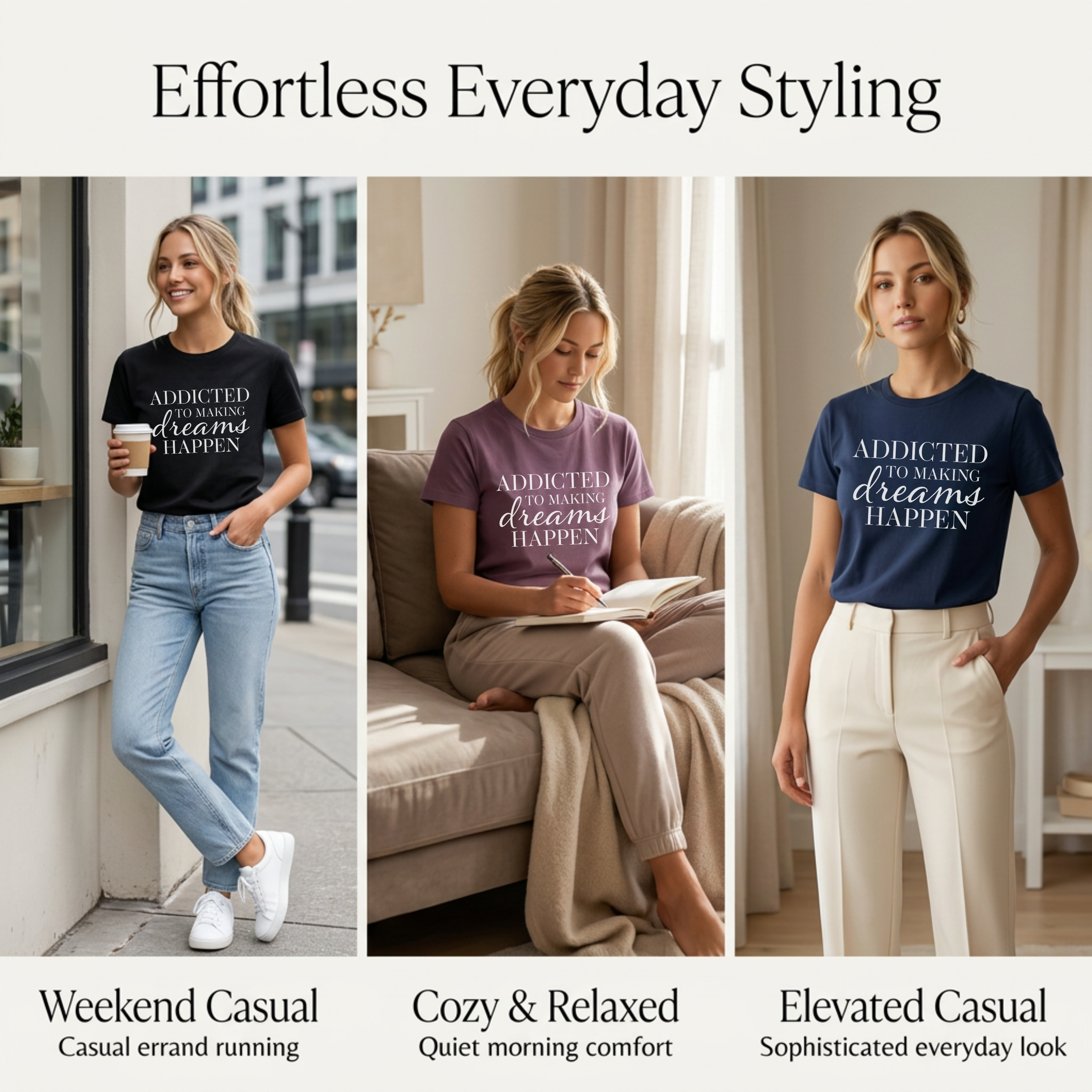 Style guide collage for a women’s motivational graphic tee featuring the quote “Addicted to Making Dreams Happen,” shown in three outfit ideas: a black tee with jeans and sneakers for weekend casual, a mauve tee with soft lounge pants for a cozy relaxed look, and a navy tee with cream trousers for an elevated casual outfit in bright modern interiors.