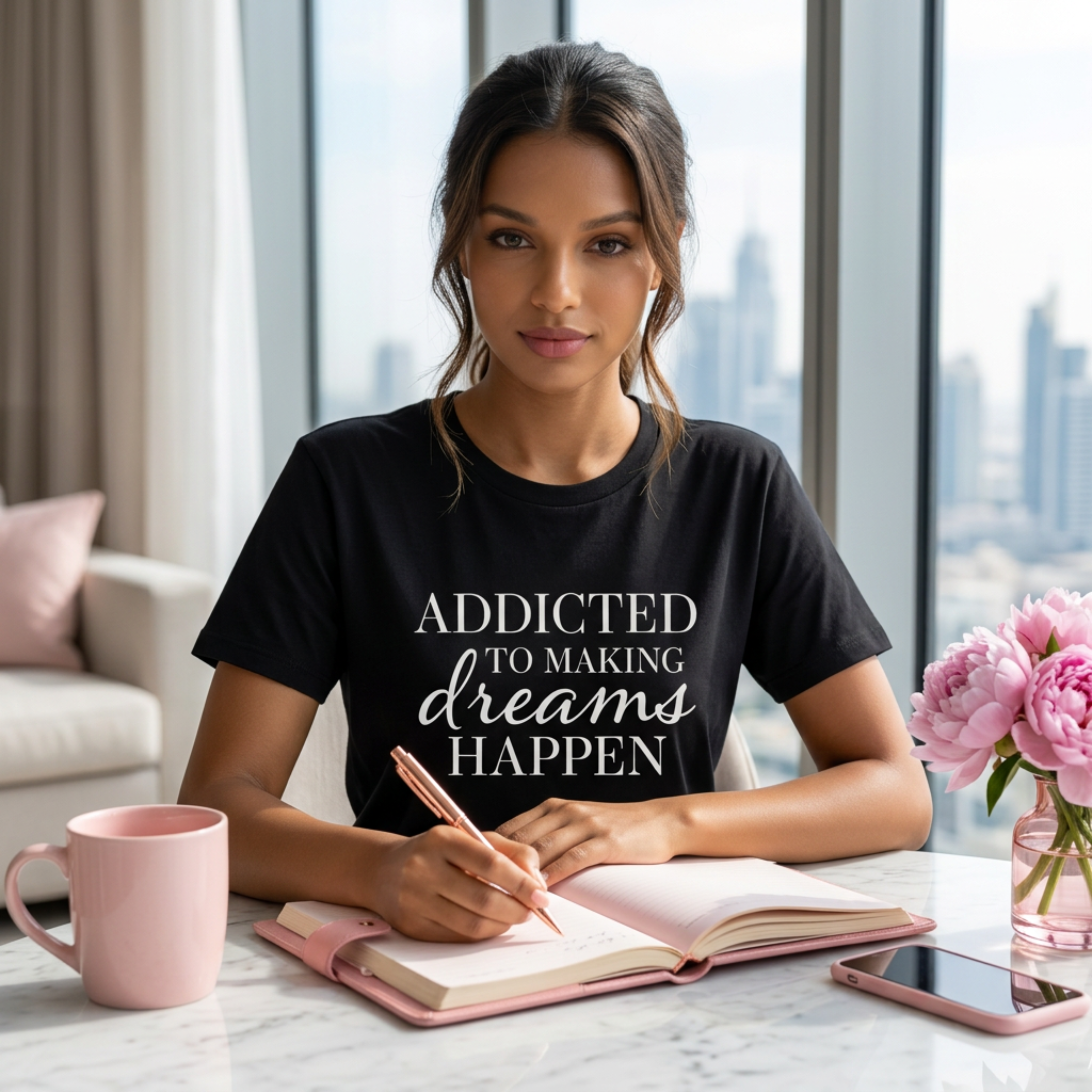 Black women’s inspirational graphic tee with “Addicted to Making Dreams Happen” slogan, styled in a bright modern interior with city views, minimal luxury aesthetic, and soft natural light. Entrepreneur sitting at a table with a notebook and pink mug.