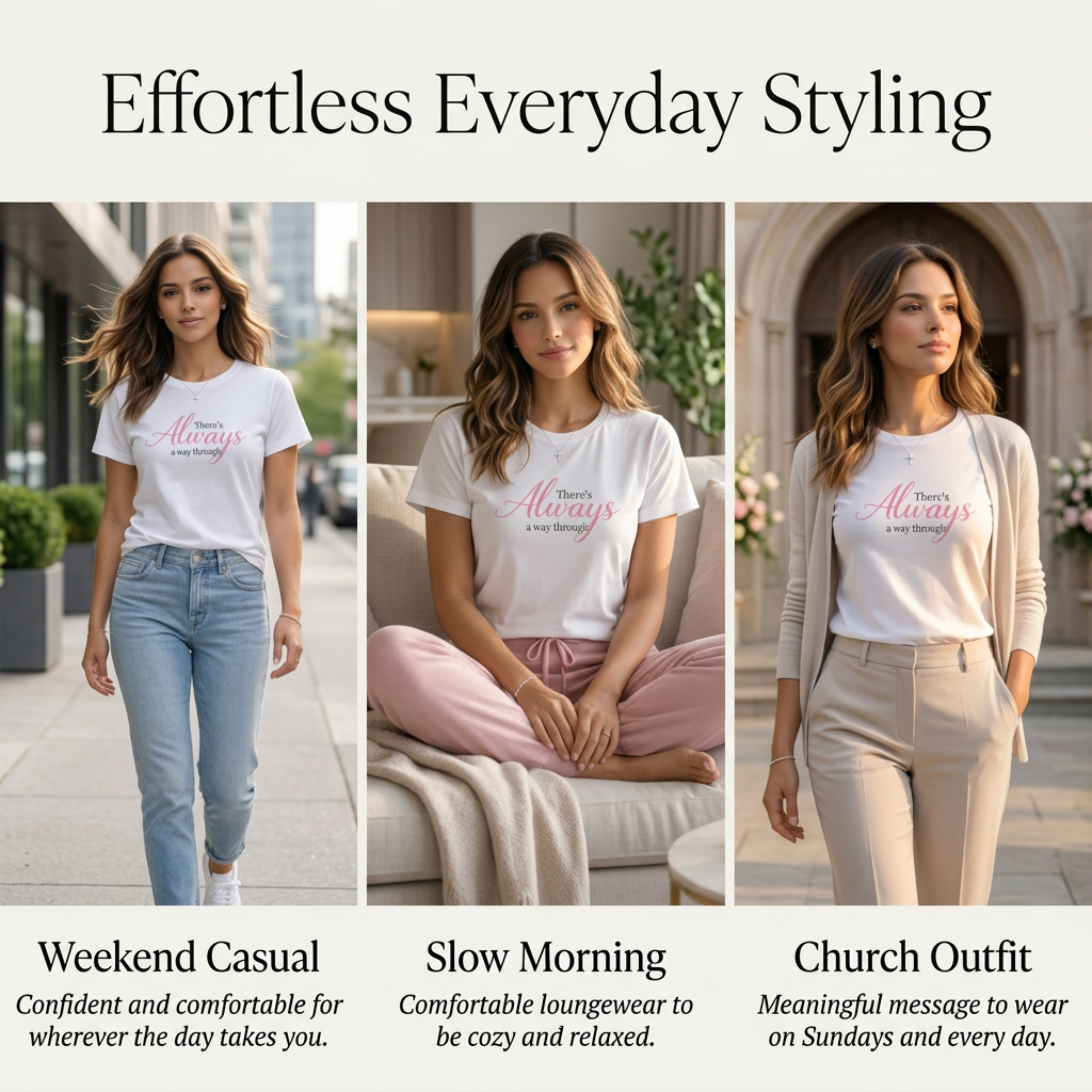 Styling guide collage for a women’s inspirational graphic tee featuring the quote “There’s Always a Way Through,” shown in three outfit ideas: weekend casual with jeans, a soft slow-morning lounge look, and a refined church outfit with neutral trousers and cardigan.