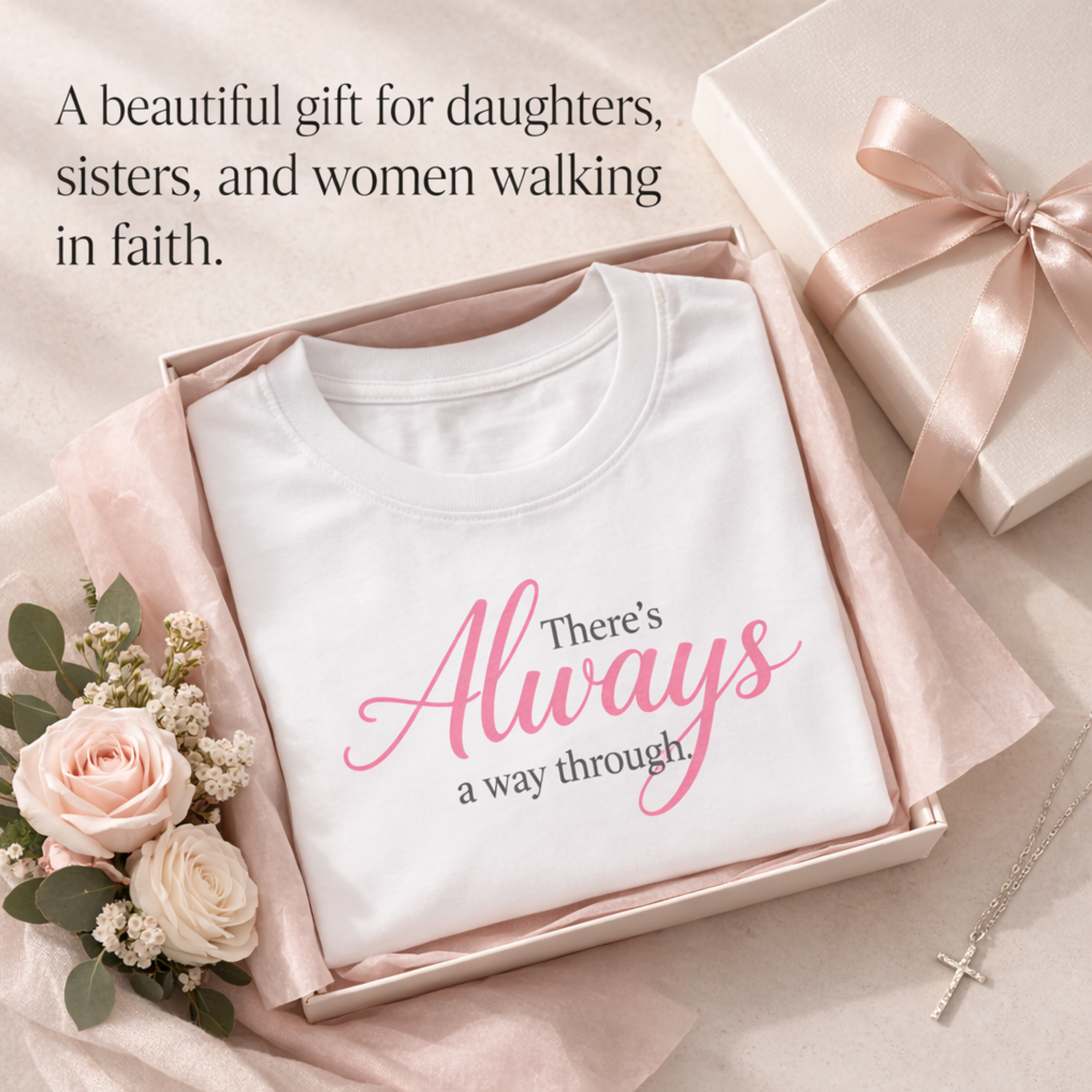 Gift-style flat lay of a white inspirational graphic tee with the quote “There’s Always a Way Through,” folded in a blush gift box with pink tissue paper, roses, a ribbon-wrapped present, and a cross necklace, styled as a meaningful Christian gift for daughters, sisters, and women of faith.