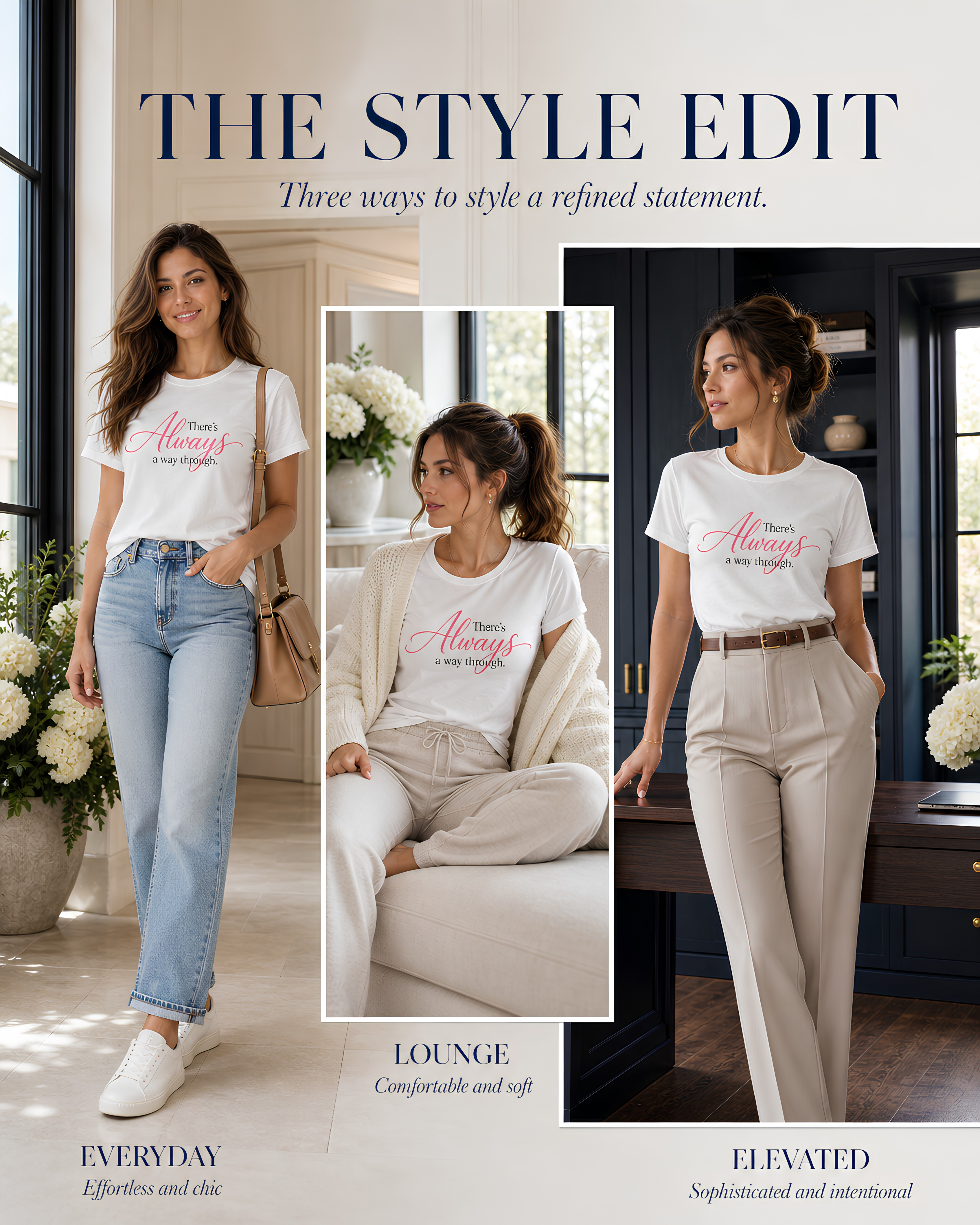 Always a Way Through inspirational shirt for women styled three ways with denim, relaxed lounge pieces, and tailored trousers.
A styled editorial layout showing a woman modeling a white graphic T-shirt in three interior settings, with the text 'THE STYLE EDIT' at the top and labels 'EVERYDAY', 'LOUNGE', and 'ELEVATED' at the bottom. The shirt has a white base with navy and pink script text.