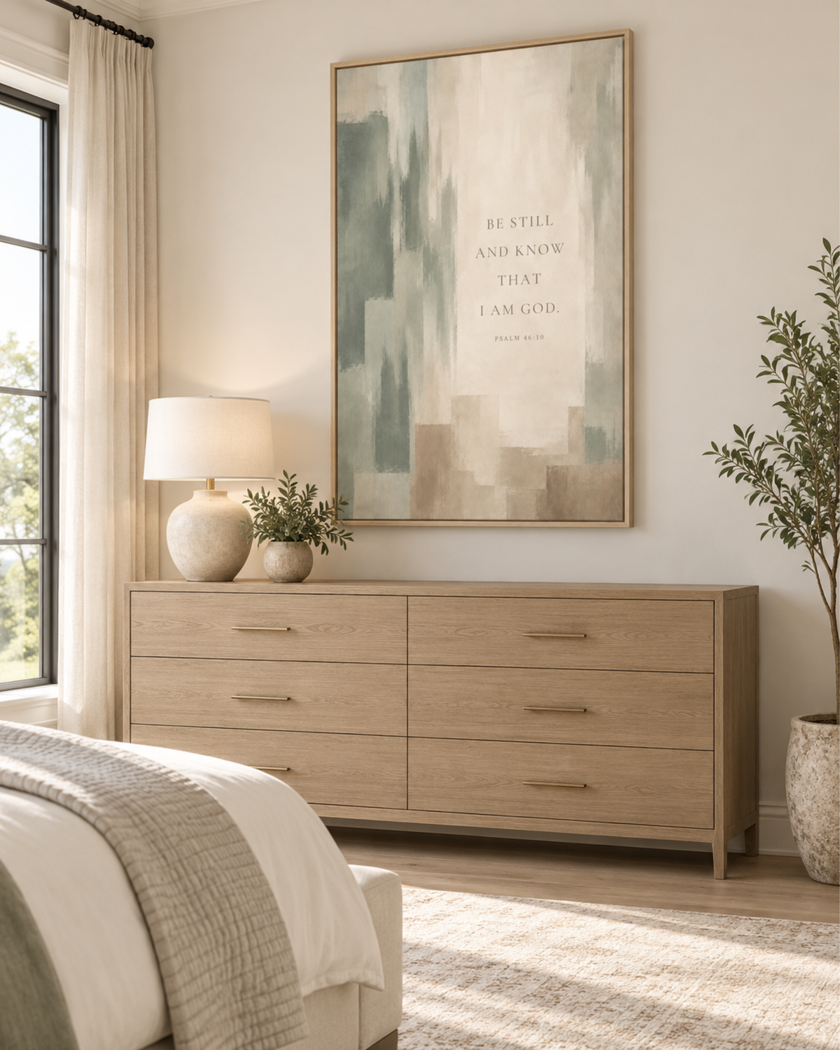 32 × 48 sage green Christian canvas wall art above a light wood dresser in an elegant bedroom