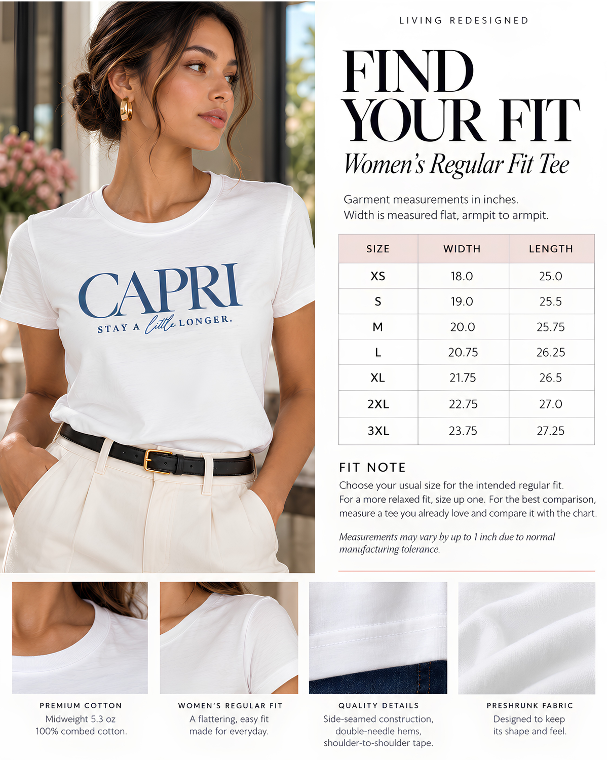 AS Colour Maple 4001 women’s regular-fit tee size chart with garment width and length measurements from XS to 3XL