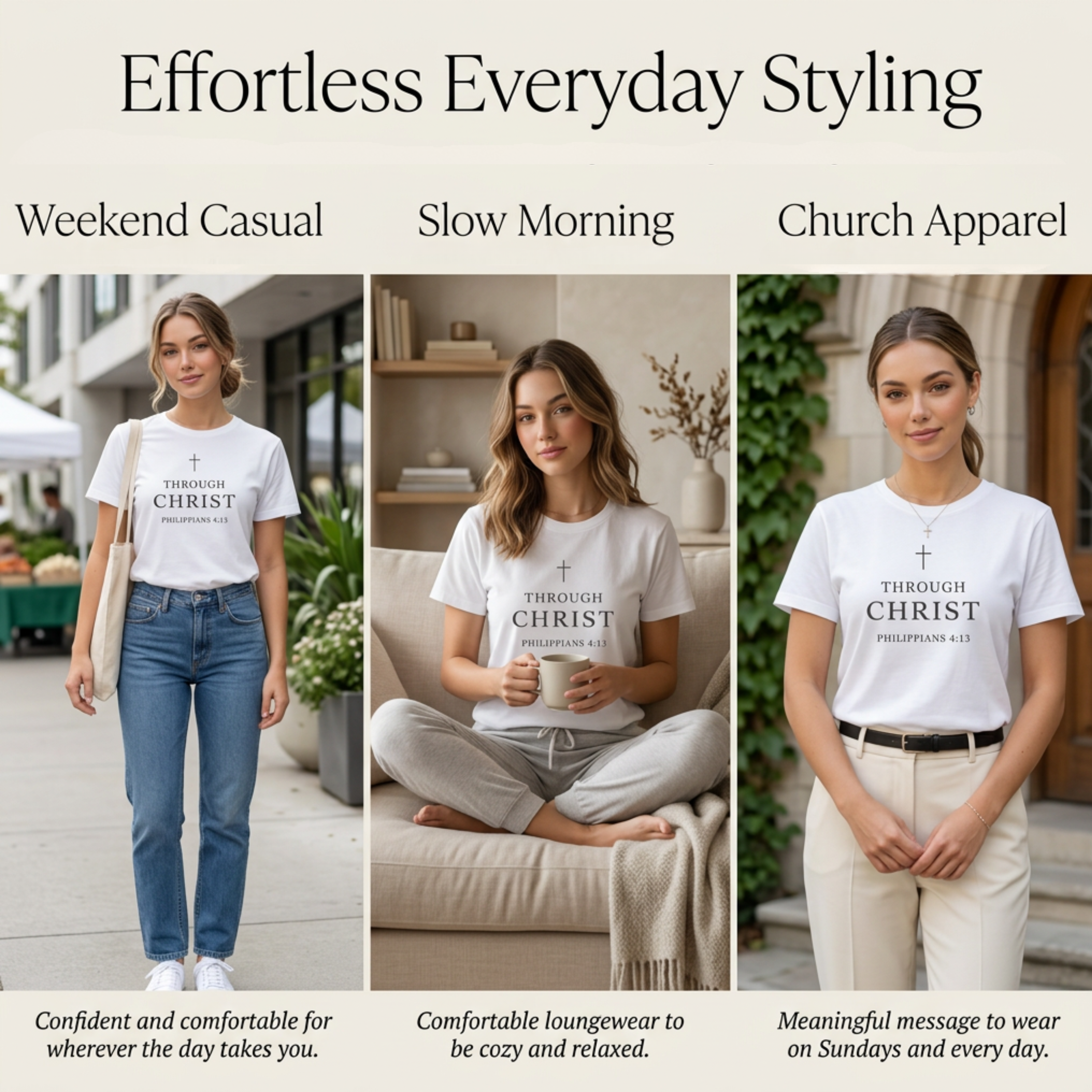 Styling guide collage for a white Christian graphic tee with cross design and “Through Christ Philippians 4:13” scripture text, shown in three outfit ideas: weekend casual with jeans, a slow morning loungewear look, and church apparel with neutral trousers.