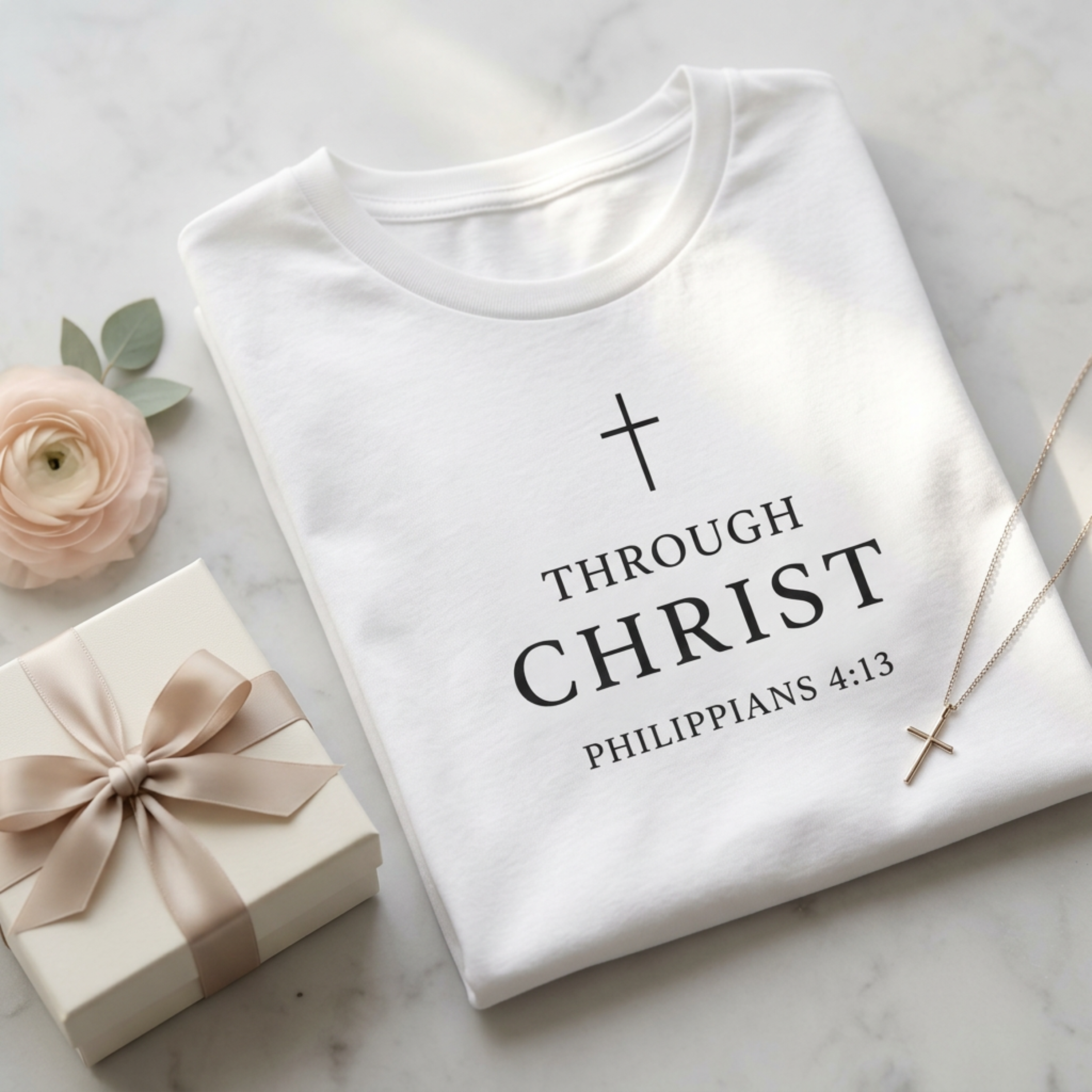 Flat lay of a white Christian graphic tee gift with cross design and “Through Christ Philippians 4:13” scripture text, styled with a ribbon-wrapped gift box, blush rose, and cross necklace on a light marble surface.