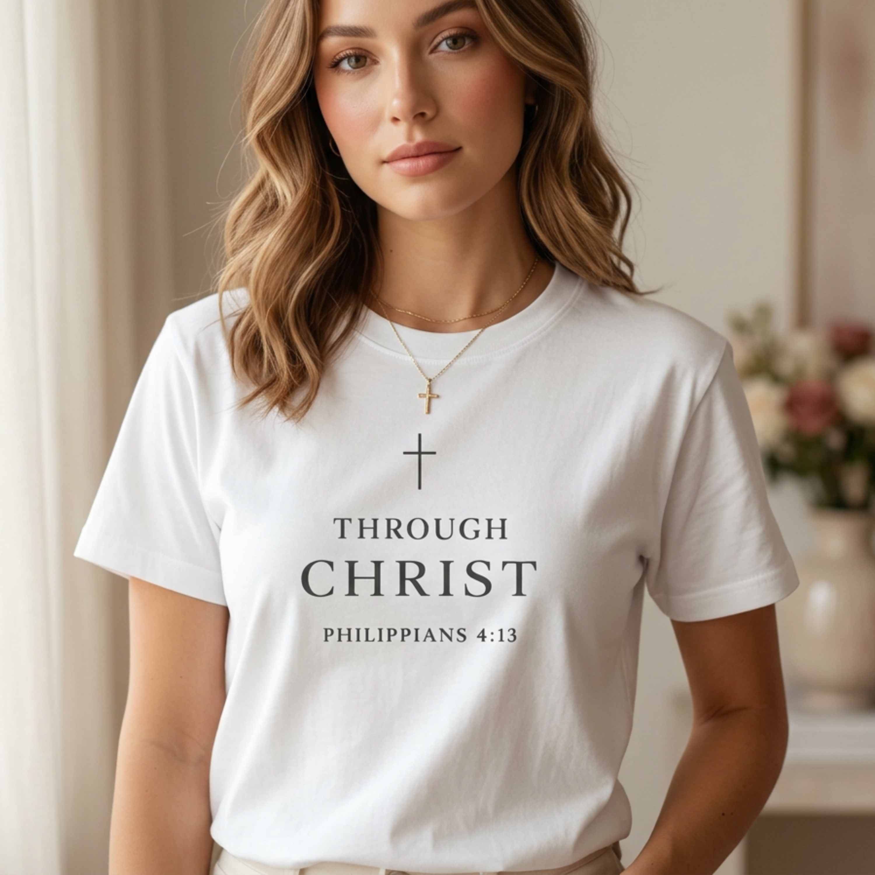Close-up product photo of a white Christian graphic tee with cross design and “Through Christ Philippians 4:13” scripture text, shown on a model in soft natural light with a neutral feminine interior background.