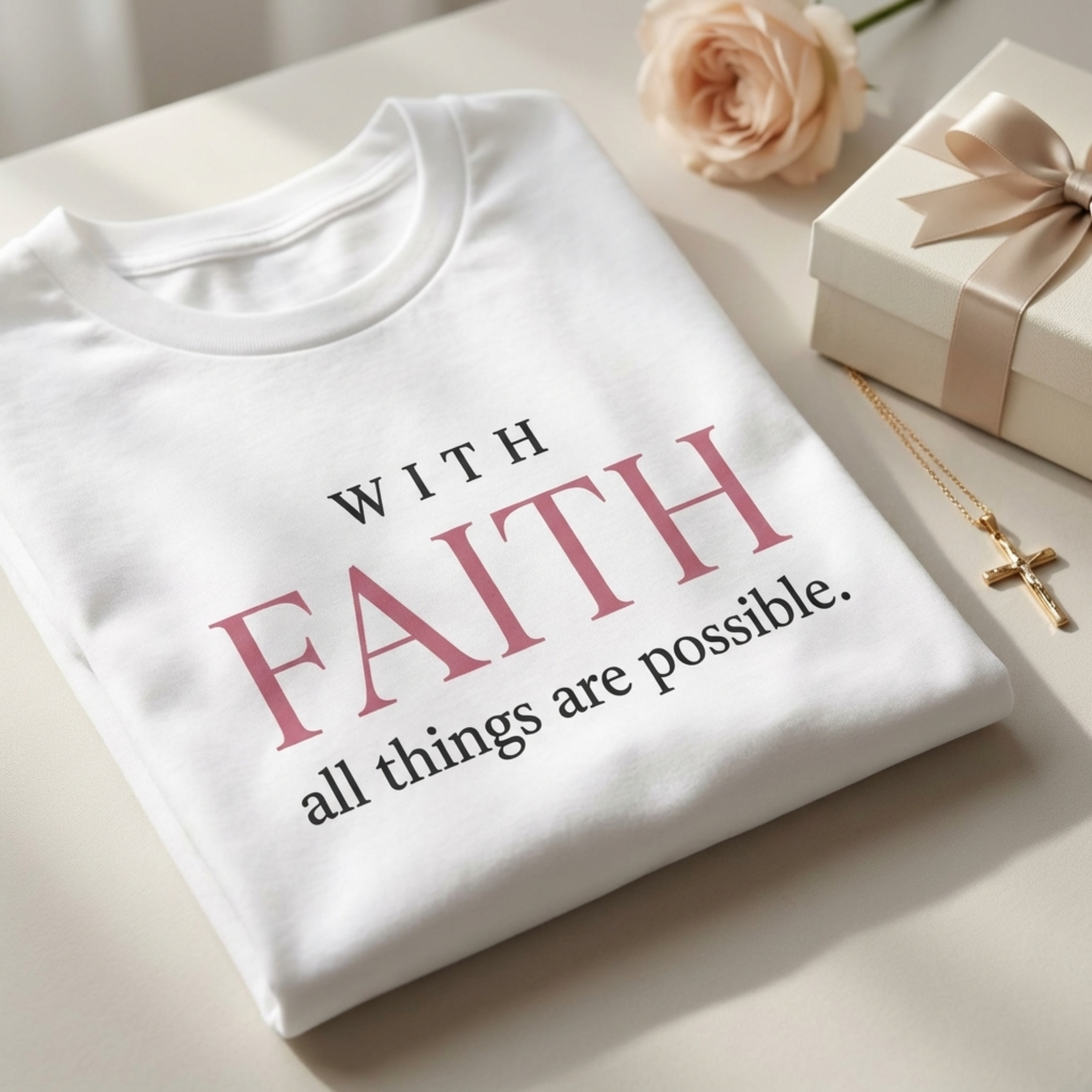 Flat lay of a white Christian inspirational graphic tee with the quote “With Faith all things are possible,” styled beside a ribbon-wrapped gift box, blush rose, and cross necklace for an elegant faith-based gift presentation.