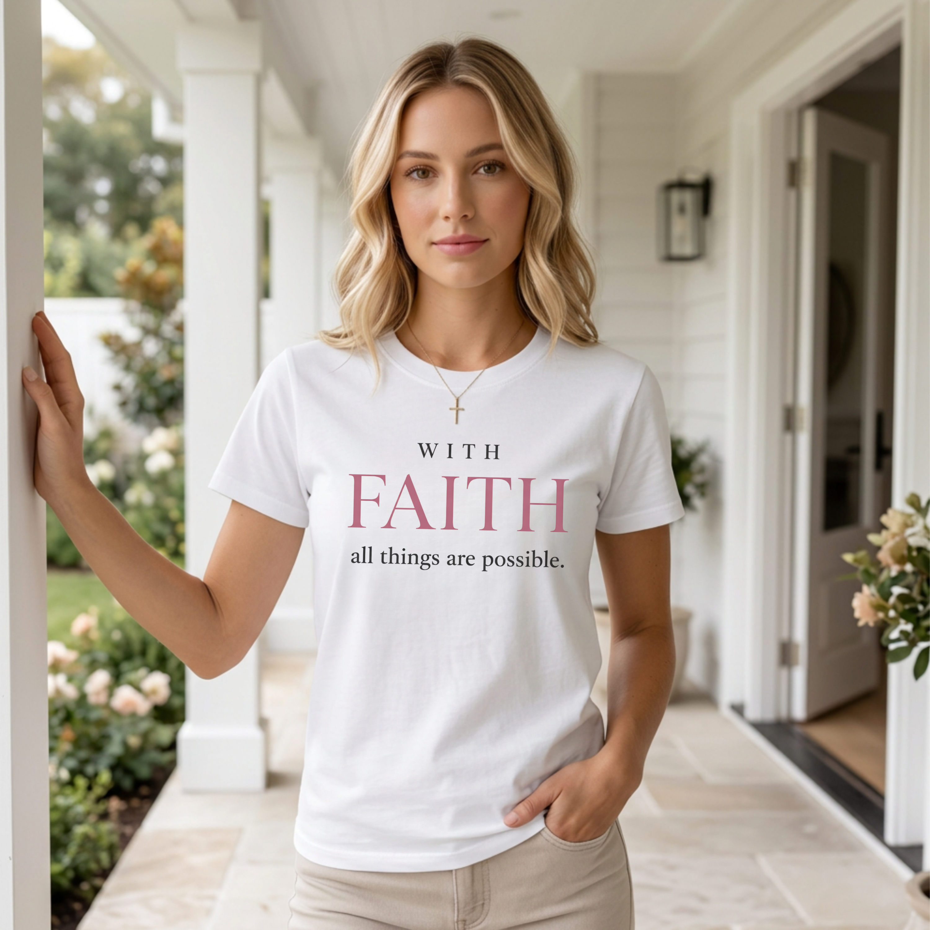 Woman wearing a white Christian inspirational graphic tee with the quote “With Faith all things are possible,” standing on a bright porch in soft natural light with elegant feminine faith-based styling.