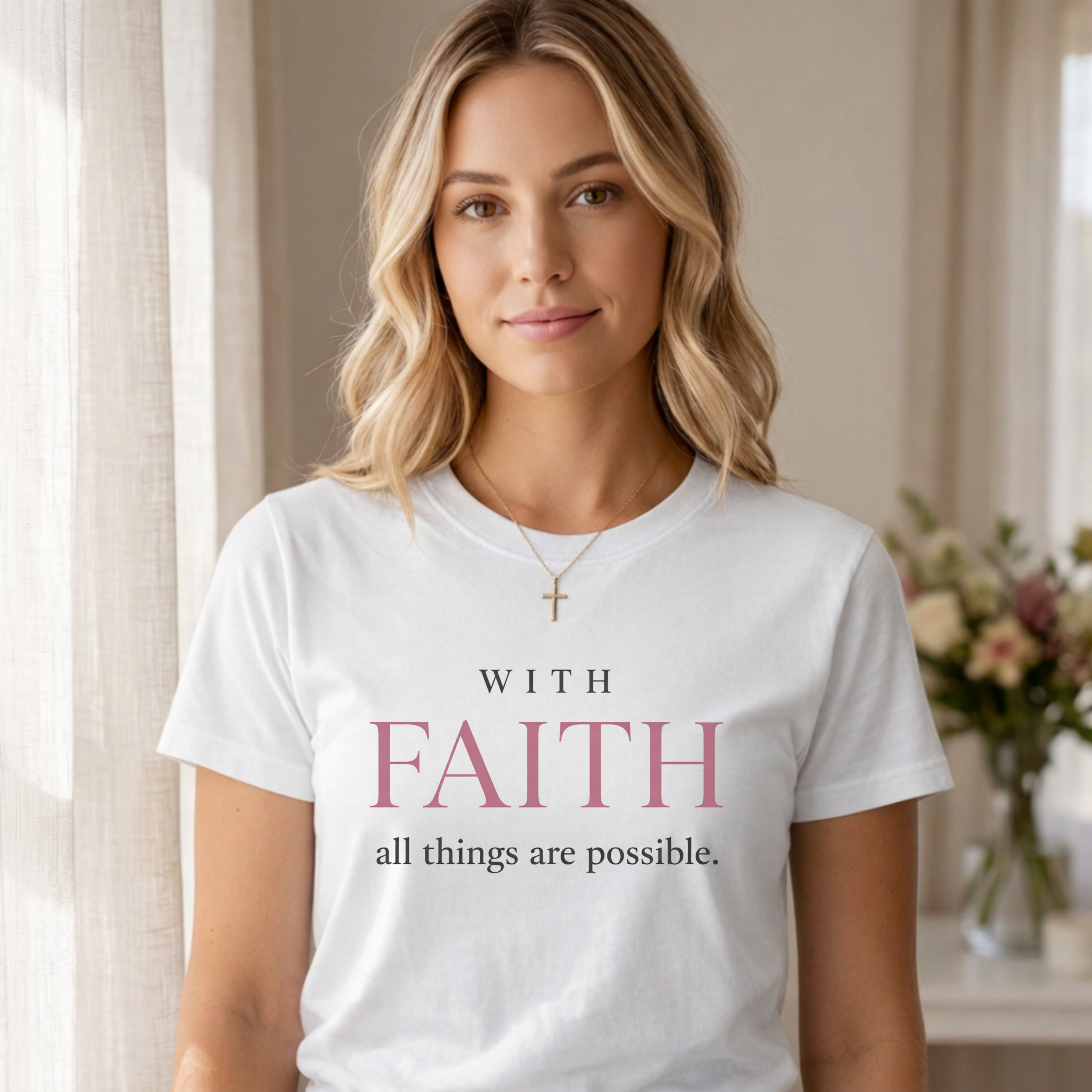 Woman wearing a white Christian inspirational graphic tee with the quote “With Faith all things are possible,” photographed in a soft neutral interior with natural light, delicate floral accents, and elegant feminine faith-based styling.