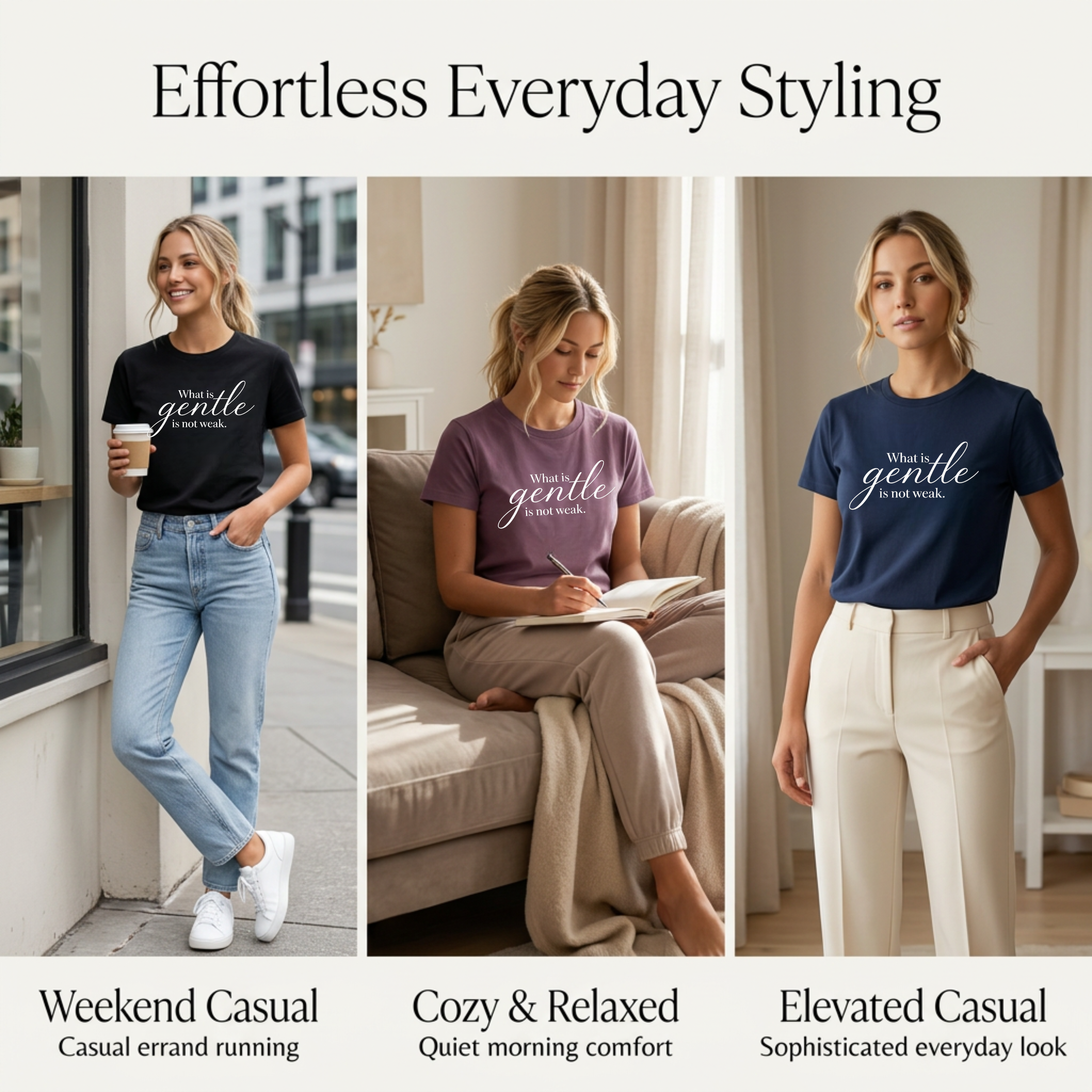 Styling guide collage for a Christian inspirational graphic tee featuring the quote “What is gentle is not weak,” shown in three outfit ideas: a black tee with jeans and sneakers for weekend casual, a mauve tee with soft loungewear for a cozy relaxed look, and a navy tee with cream trousers for an elevated everyday outfit.
