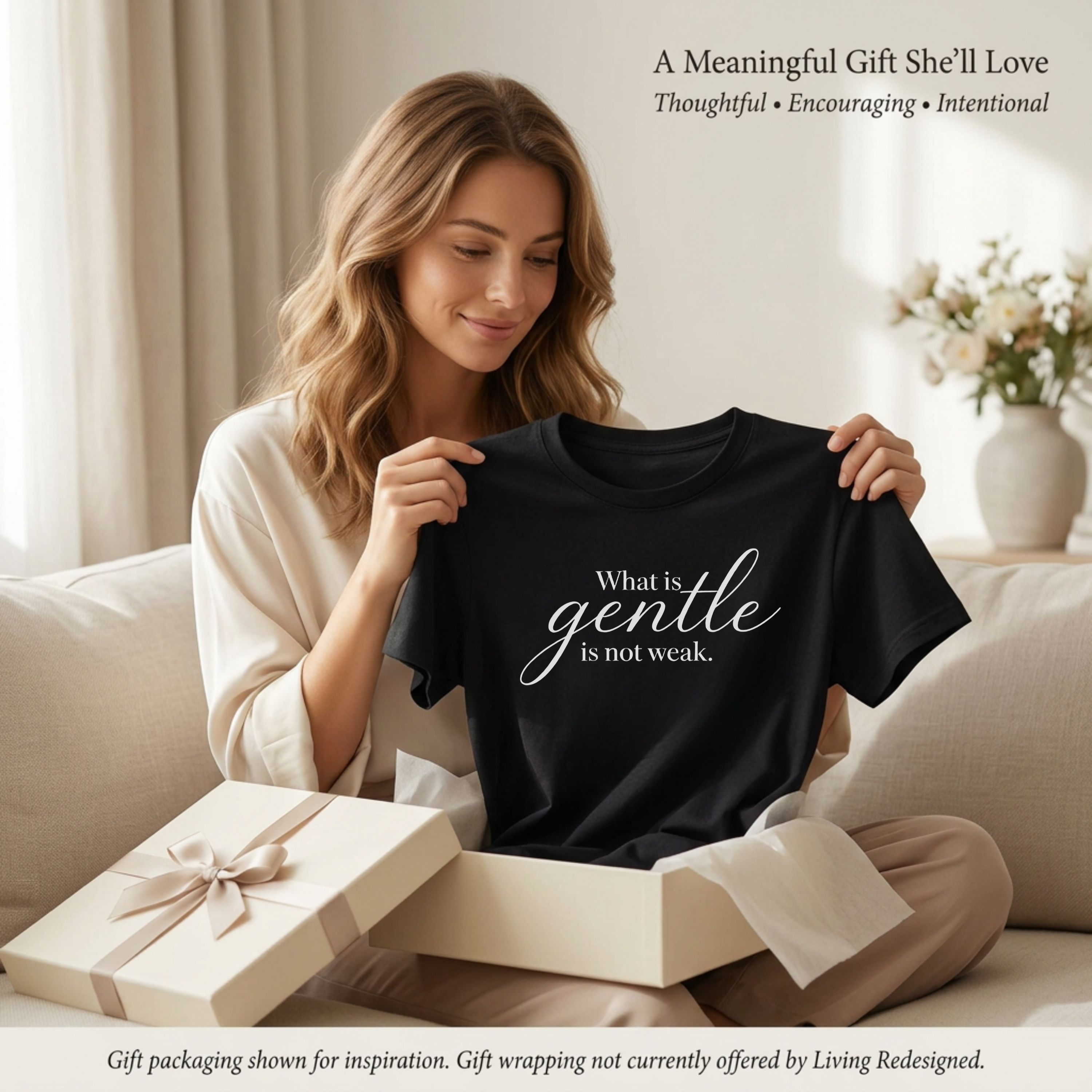 Gift-inspired lifestyle image of a black Christian inspirational graphic tee with the quote “What is gentle is not weak,” held by a smiling woman beside an open gift box in a soft neutral interior, styled as a meaningful faith-based gift for daughters, sisters, and women of faith.
