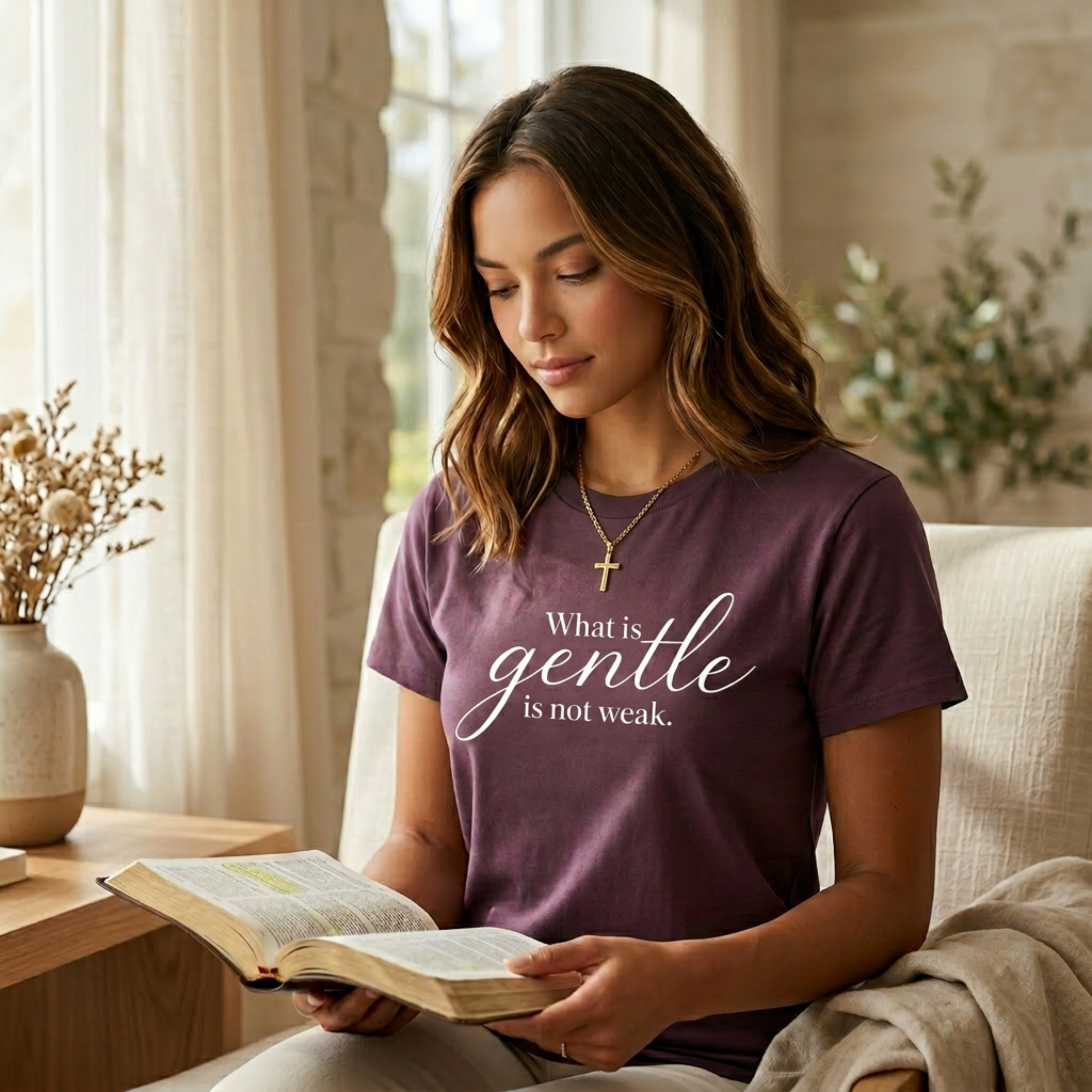 Woman wearing a mauve Christian inspirational graphic tee with the quote “What is gentle is not weak,” seated indoors reading a Bible in soft natural light with a calm neutral interior, elegant feminine styling, and faith-based lifestyle aesthetic.