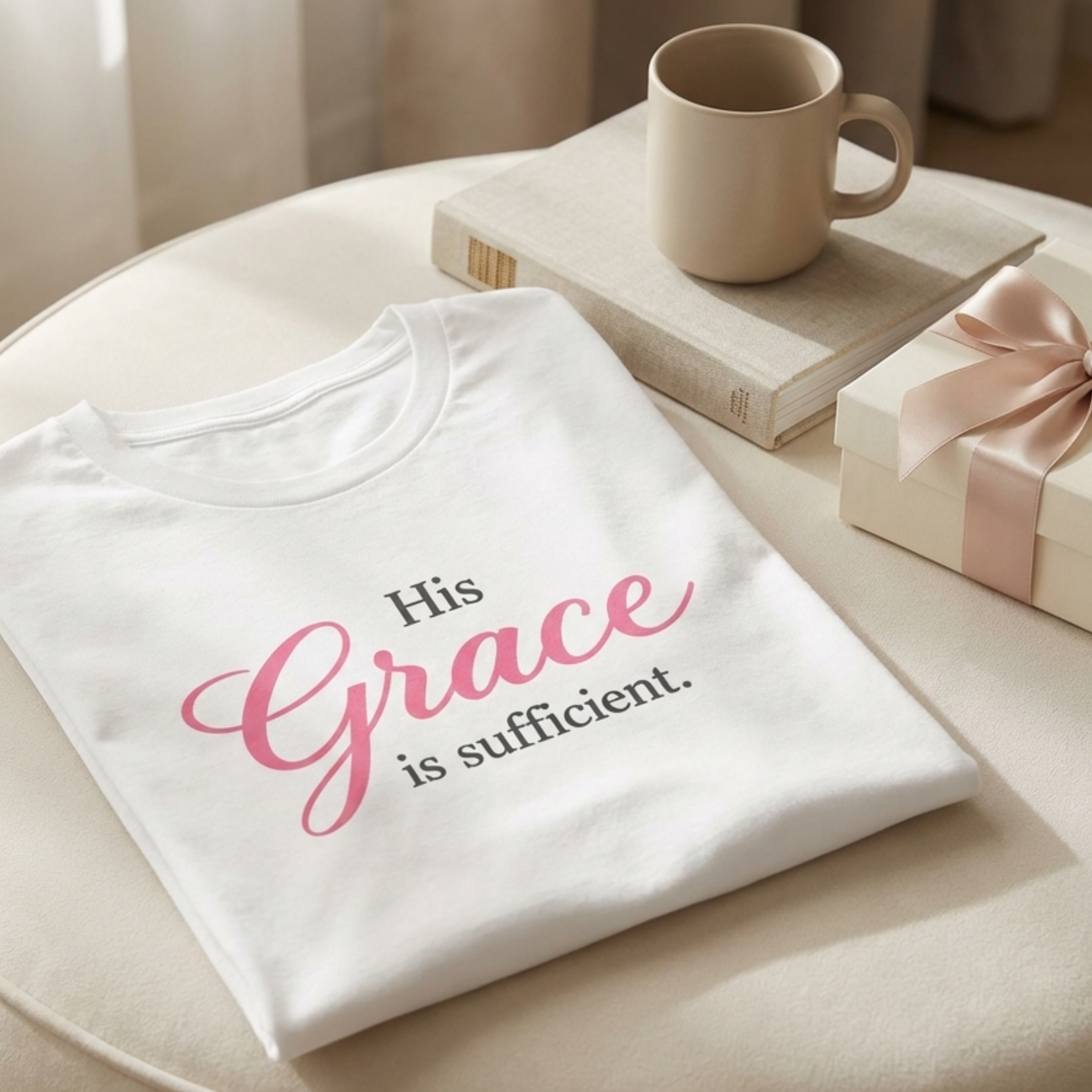 Flat lay of a white Christian inspirational graphic tee with the quote “His Grace is sufficient,” styled beside a coffee mug, linen book, and ribbon-wrapped gift box in a soft feminine faith-based gift setting.