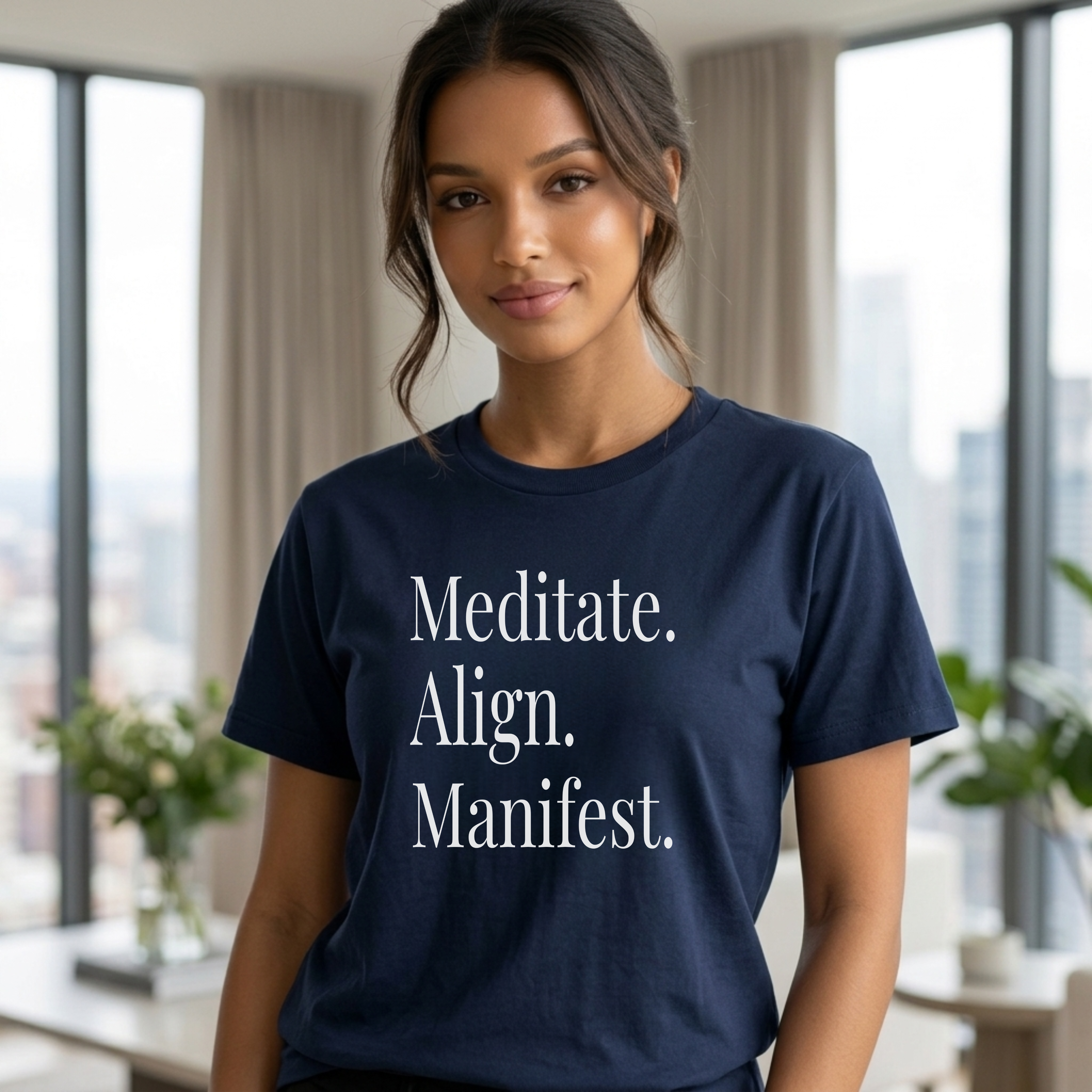 Woman wearing a navy motivational graphic tee with the quote “Meditate. Align. Manifest.” photographed in a bright modern interior with city views, soft natural light, and elevated feminine lifestyle styling.