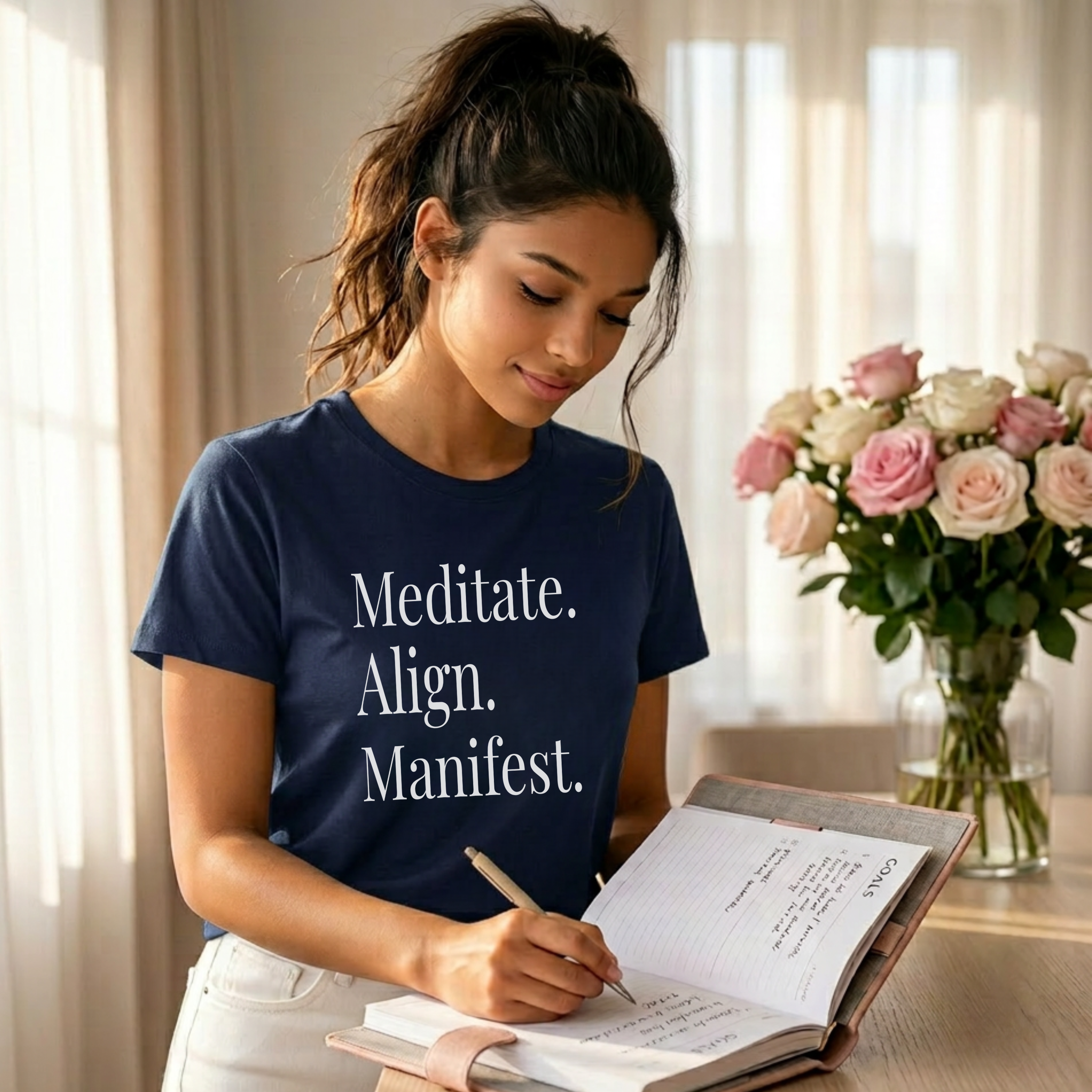 Woman wearing a navy manifestation graphic tee with the quote “Meditate. Align. Manifest.” while journaling in a soft neutral interior with blush roses, natural light, and an elevated feminine wellness lifestyle aesthetic.