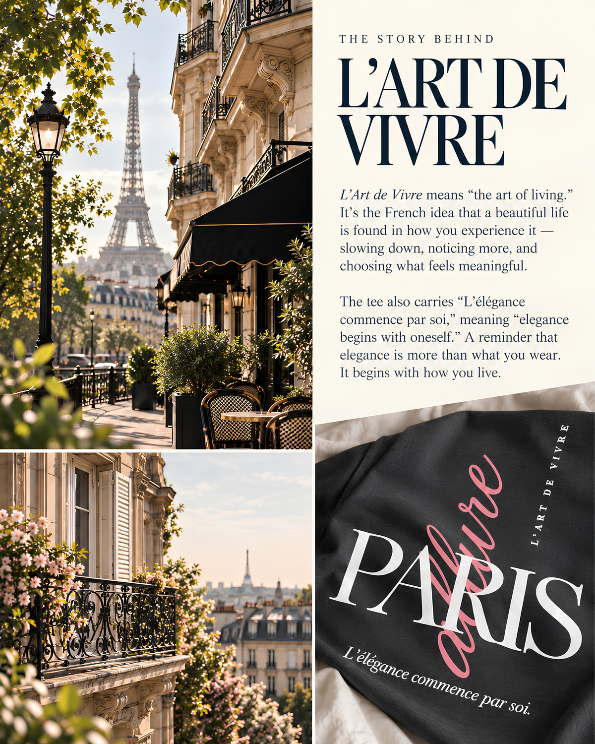 A fashion editorial-style collage for L'Art de Vivre, featuring a Paris street scene with the Eiffel Tower in the background, a balcony with pink flowers, a vintage street lamp, and a close-up of a black T-shirt printed with large white 'PARIS' text and pink script reading 'L'art de vivre'. The right side includes English and French text about the brand story.