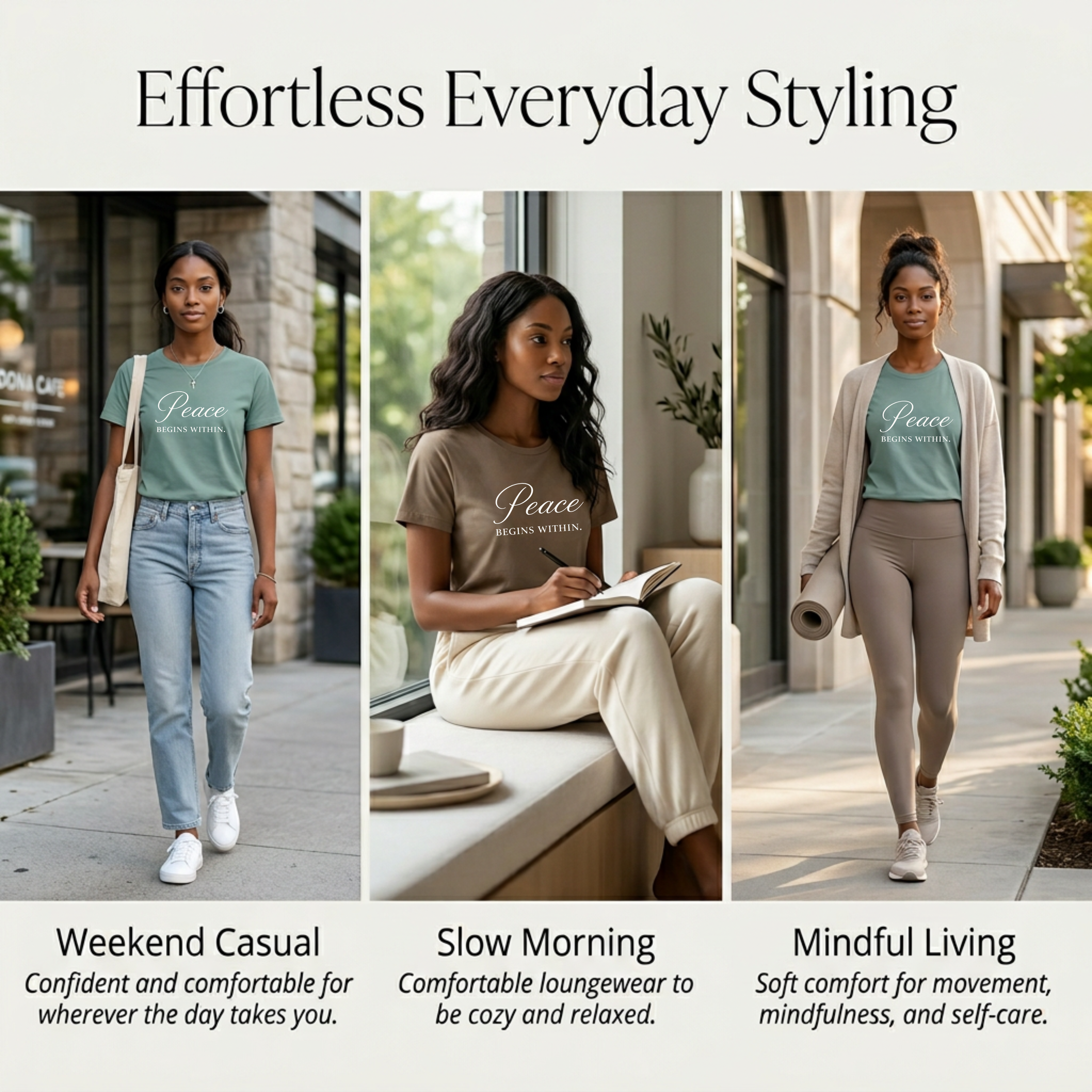 Styling guide collage for a women’s inspirational graphic tee featuring the quote “Peace Begins Within,” shown in three outfit ideas: weekend casual with jeans, a slow morning lounge look, and a mindful living outfit for movement, self-care, and everyday comfort.