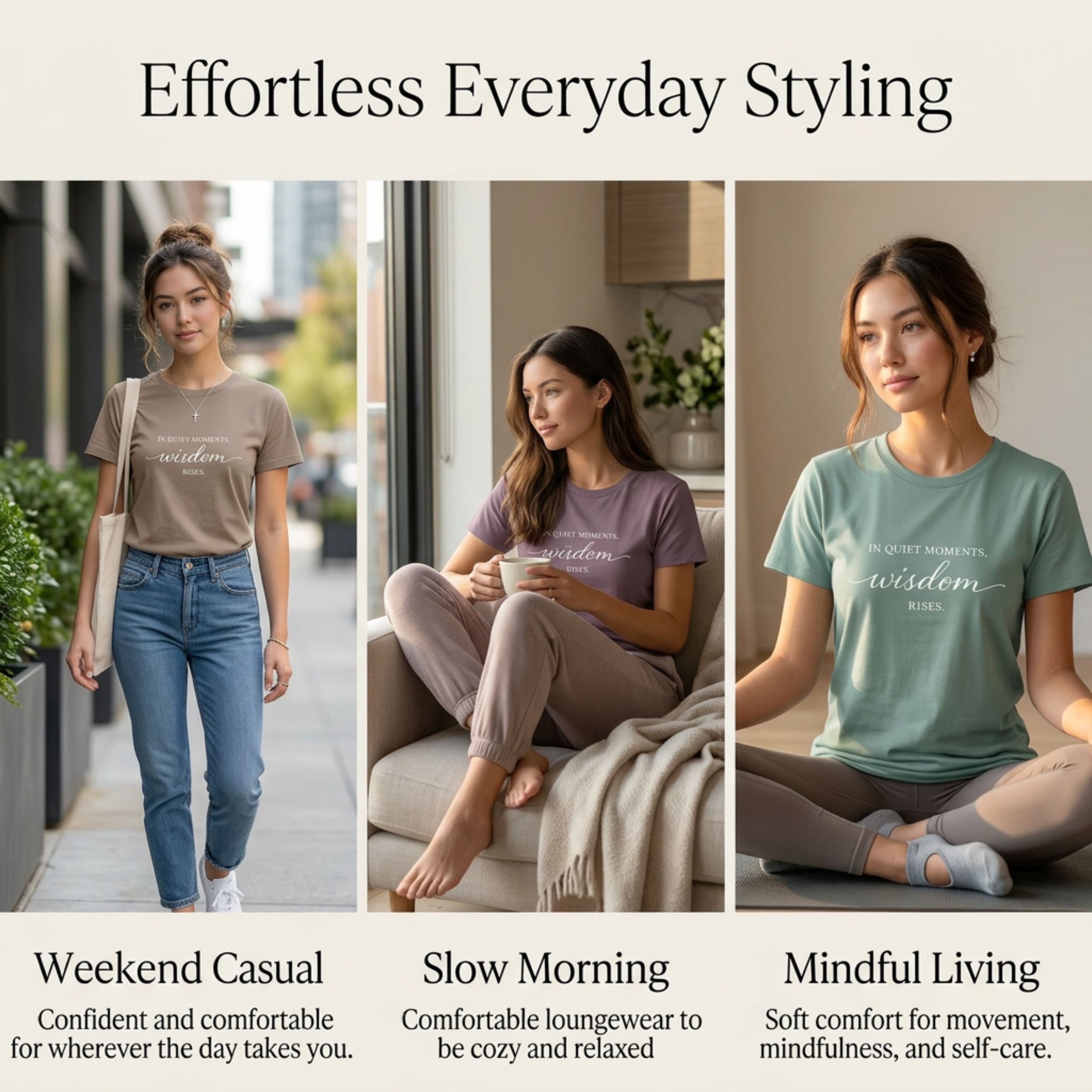 Styling guide collage for an inspirational graphic tee featuring the quote “In quiet moments, wisdom rises,” shown in three outfit ideas: weekend casual with jeans, a slow morning lounge look, and a mindful living outfit for movement, self-care, and everyday comfort.