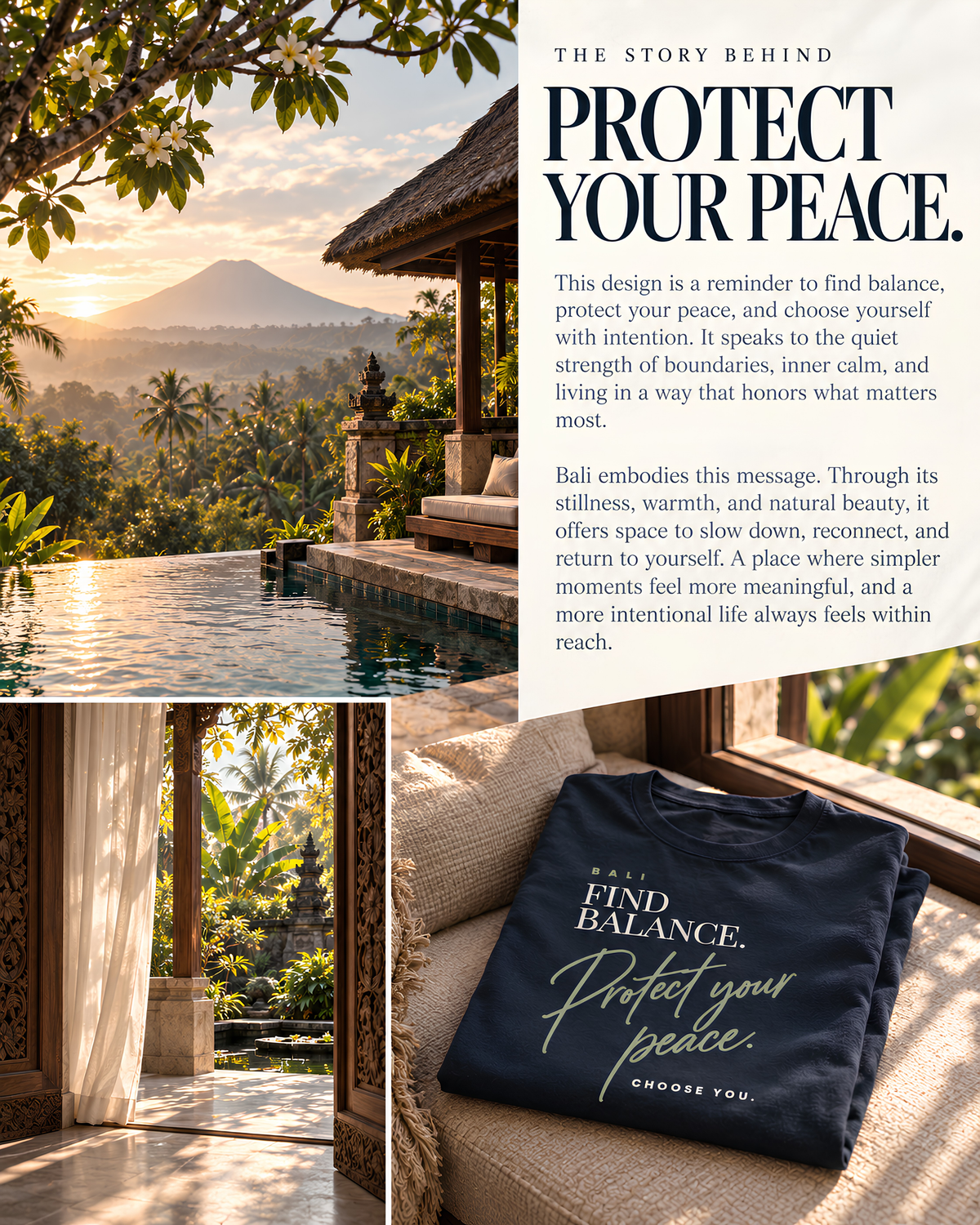 Navy Bali women’s travel T-shirt reading “Find Balance. Protect Your Peace. Choose You.” with luxury Bali resort, tropical landscape and editorial lifestyle imagery.