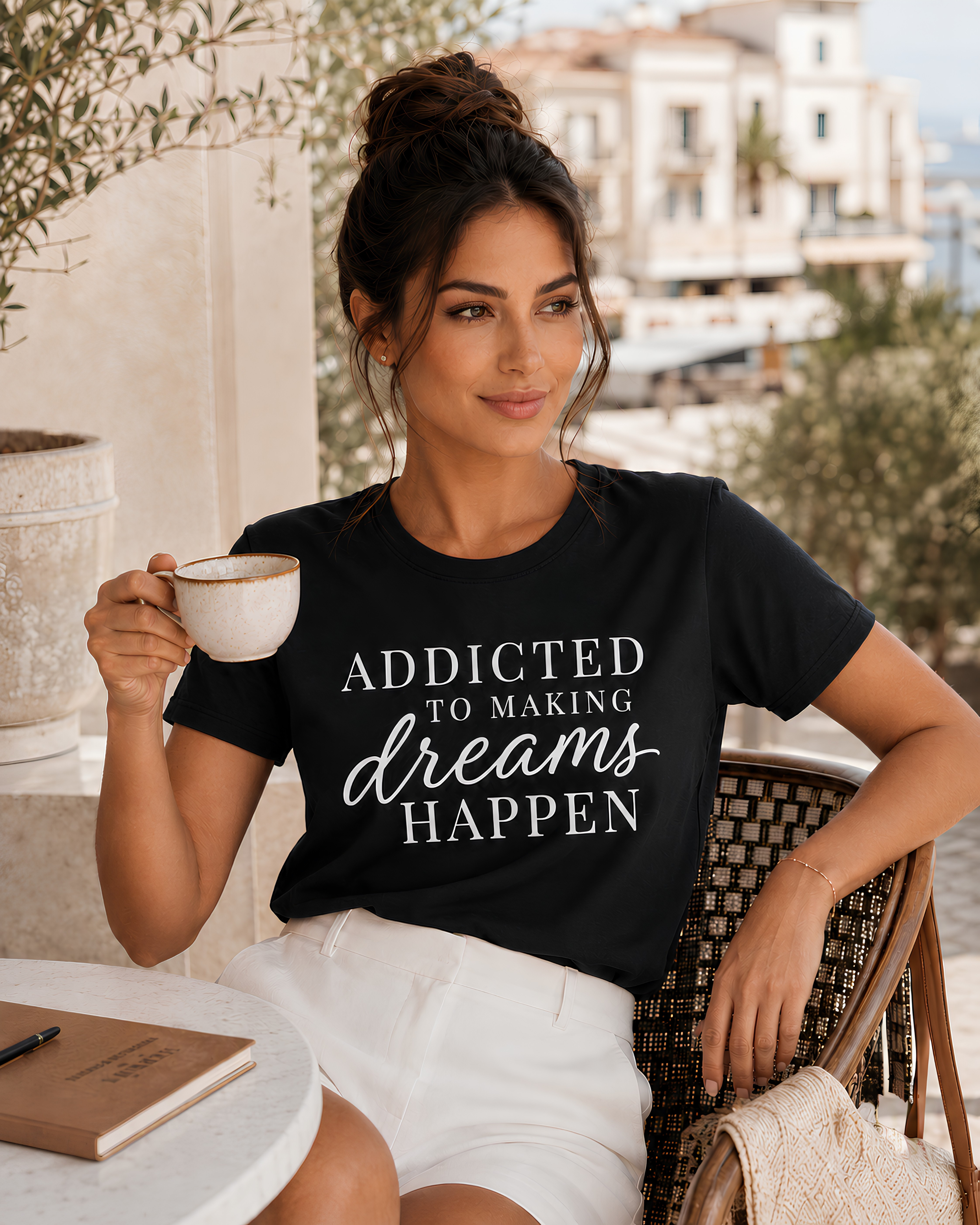 Woman styling a black motivational graphic tee with tailored trousers for an elevated casual look, sitting on a patio chair holding a white mug. The background shows a sunny outdoor setting with a table, notebook, and a building.