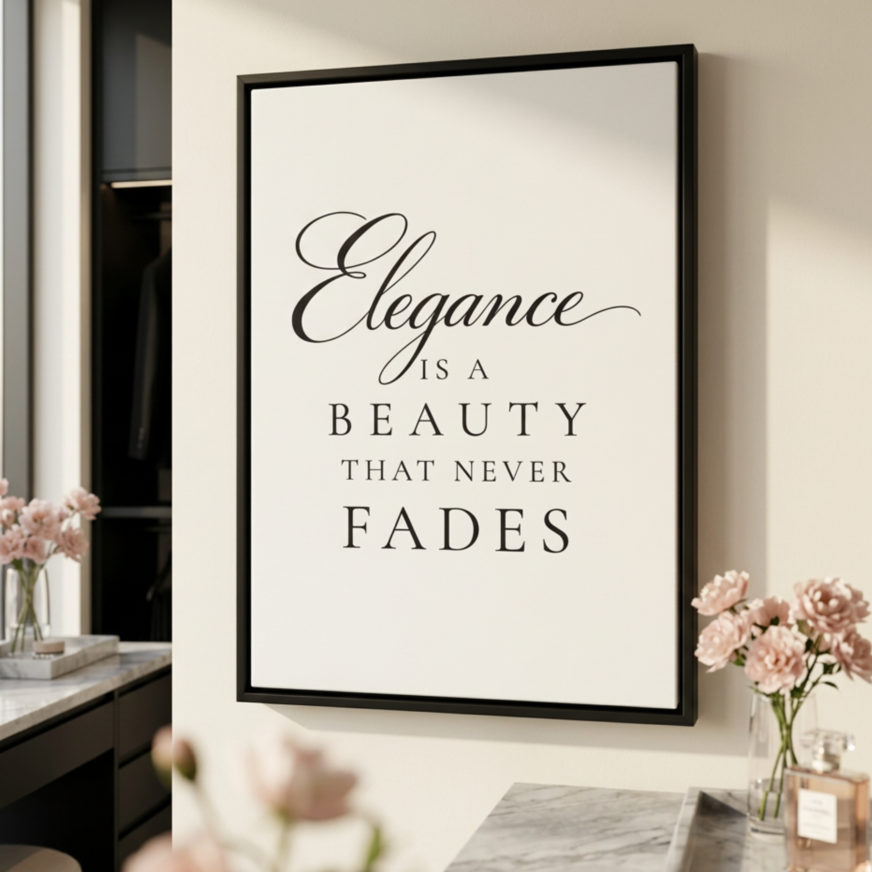 "Elegance is a Beauty” Canvas Wall Art | Black Frame
