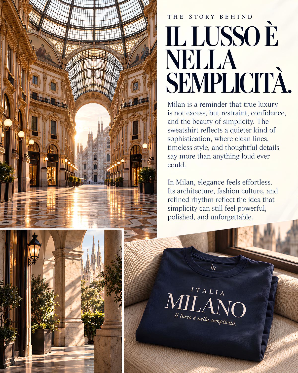 Navy Milano women’s sweatshirt featuring “Italia Milano” and “Il lusso è nella semplicità,” styled with luxury Milan architecture and Italian travel editorial imagery.
