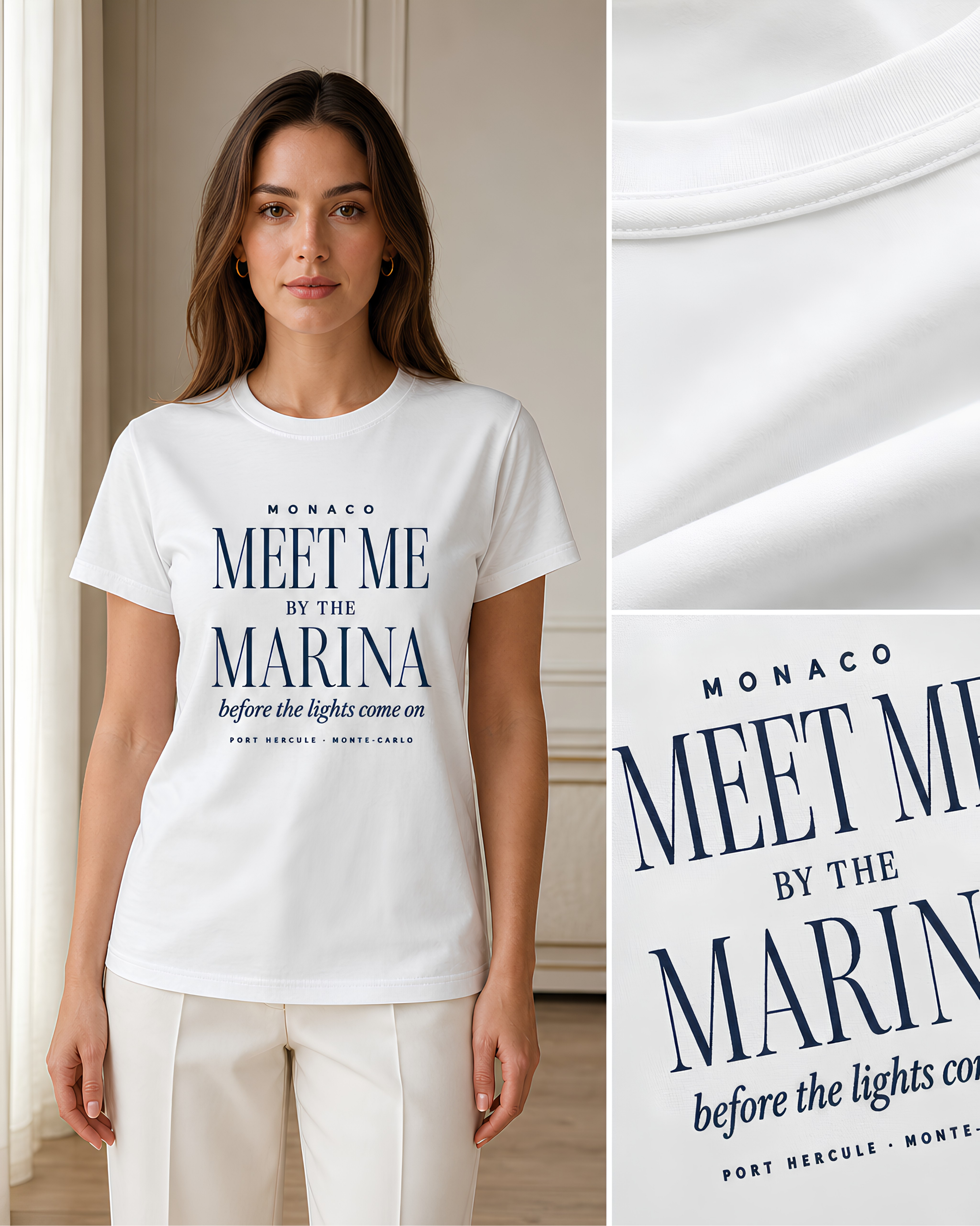 White Monaco travel T-shirt for women showing Meet Me by the Marina typography, Port Hercule Monte-Carlo detail and premium cotton close-up