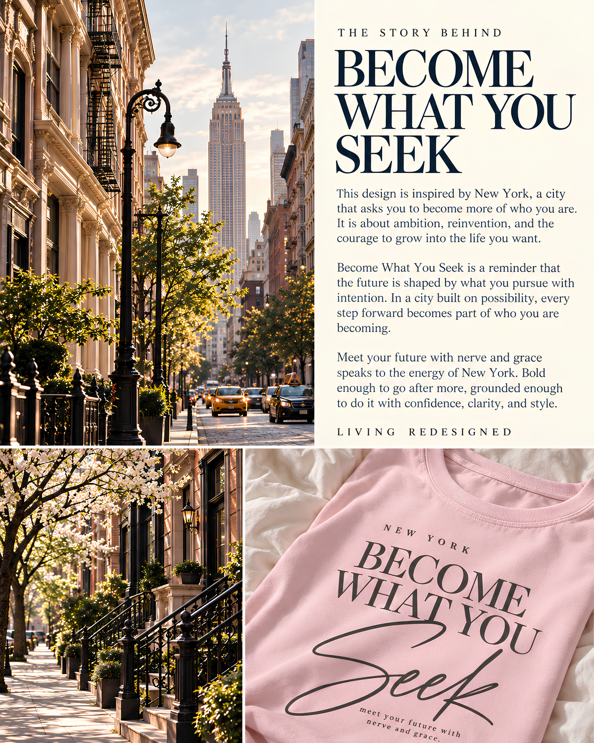 A collage for a t-shirt featuring a New York City street scene with the Empire State Building, a yellow cab, and a pink crewneck shirt printed with the slogan 'BECOME WHAT YOU SEEK' in white and black script. Large text on the right reads 'THE STORY BEHIND BECOME WHAT YOU SEEK' with descriptive copy, and 'LIVING REDESIGNED' appears at the bottom.