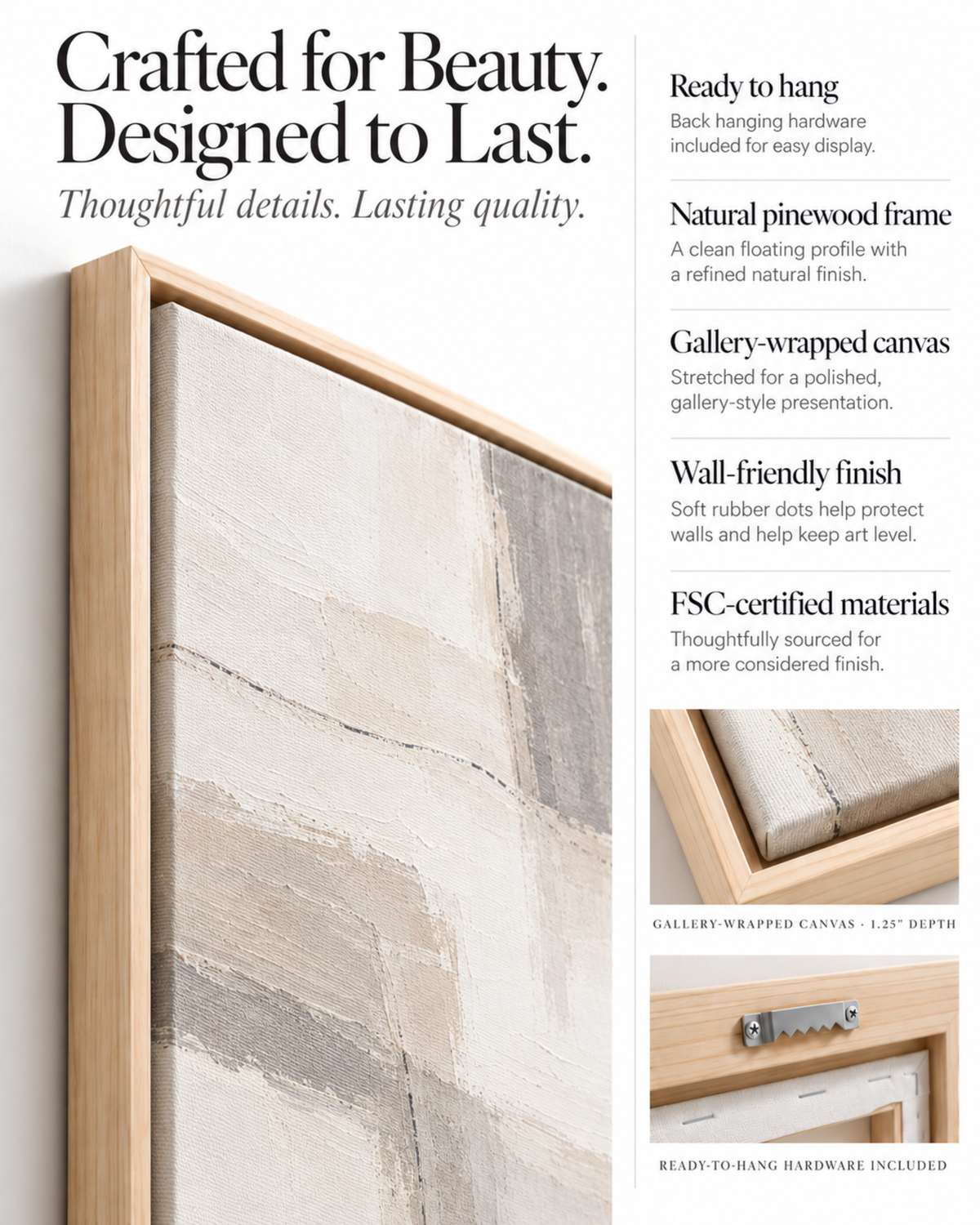 Close-up of premium framed canvas wall art featuring a natural pinewood floating frame, gallery-wrapped textured canvas, and minimalist neutral abstract artwork. Living Redesigned craftsmanship details include ready-to-hang hardware, protective wall bumpers, and a refined gallery-style finish.
