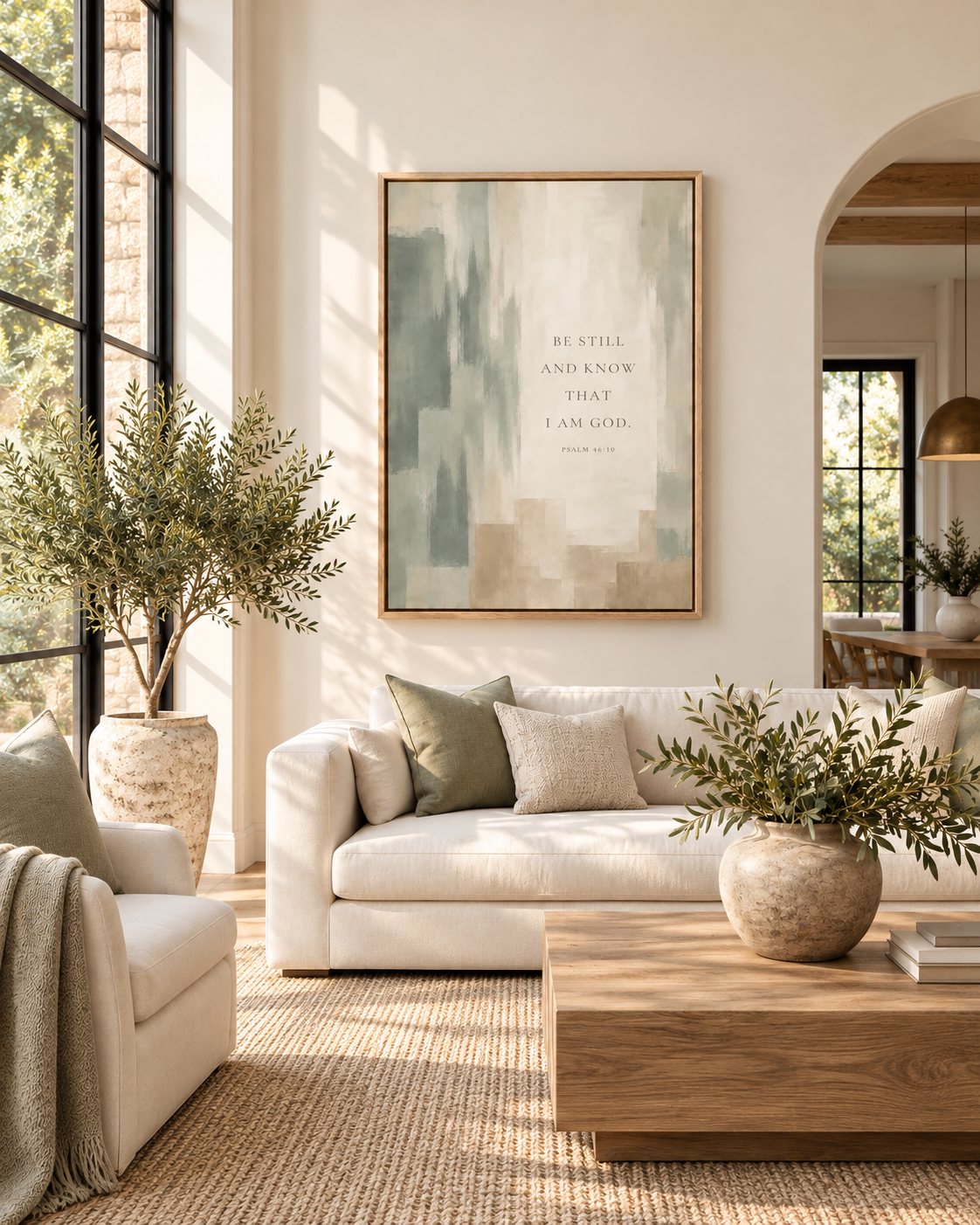 Be Still and Know Psalm 46:10 Christian canvas wall art in muted sage green and ivory, framed in natural wood above a cream sofa in a sunlit modern living room.
