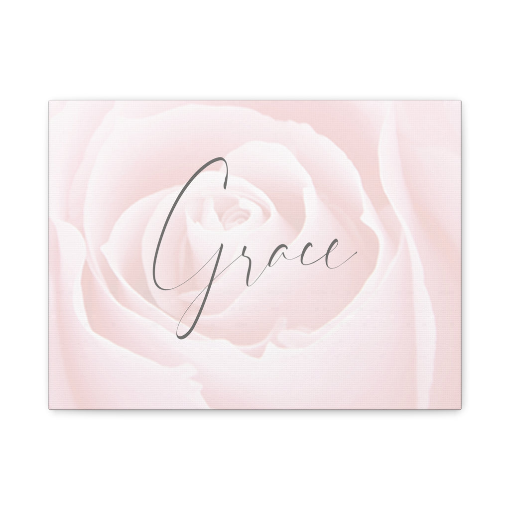 Faith-inspired canvas wall art with pink rose with 'Grace' text on a white background