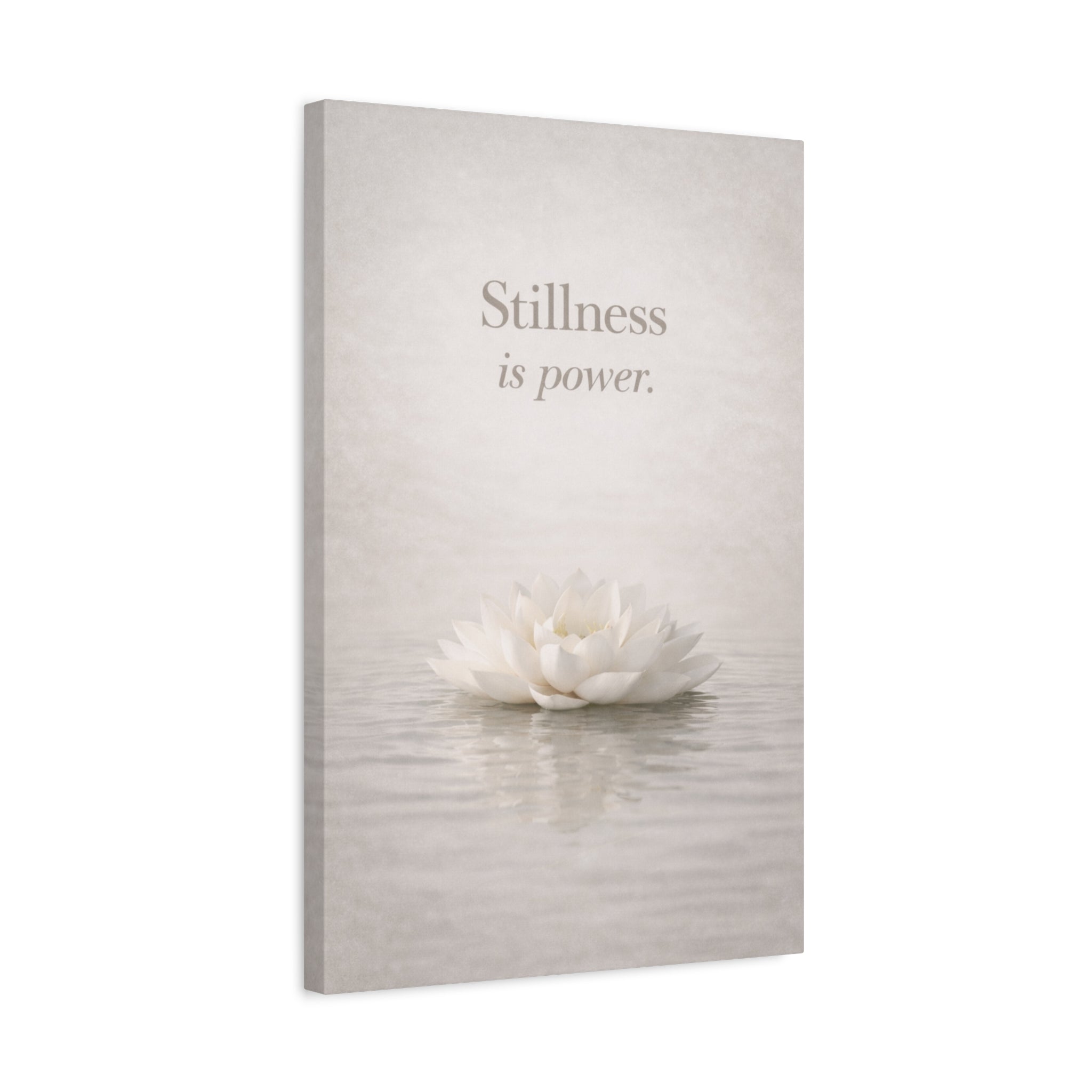 Zen mindfulness canvas wall art with a white lotus flower and 'Stillness is power' text on a light gray background
