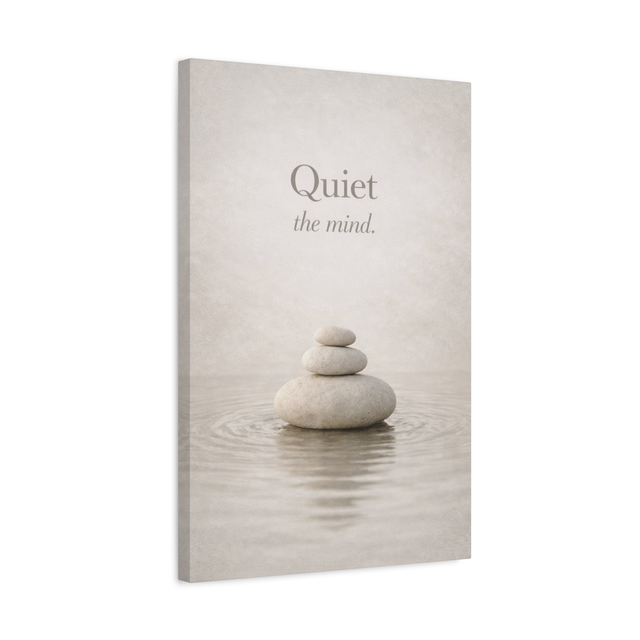 Zen mindfulness canvas wall art with stones in water and 'Quiet the mind' text on a white background