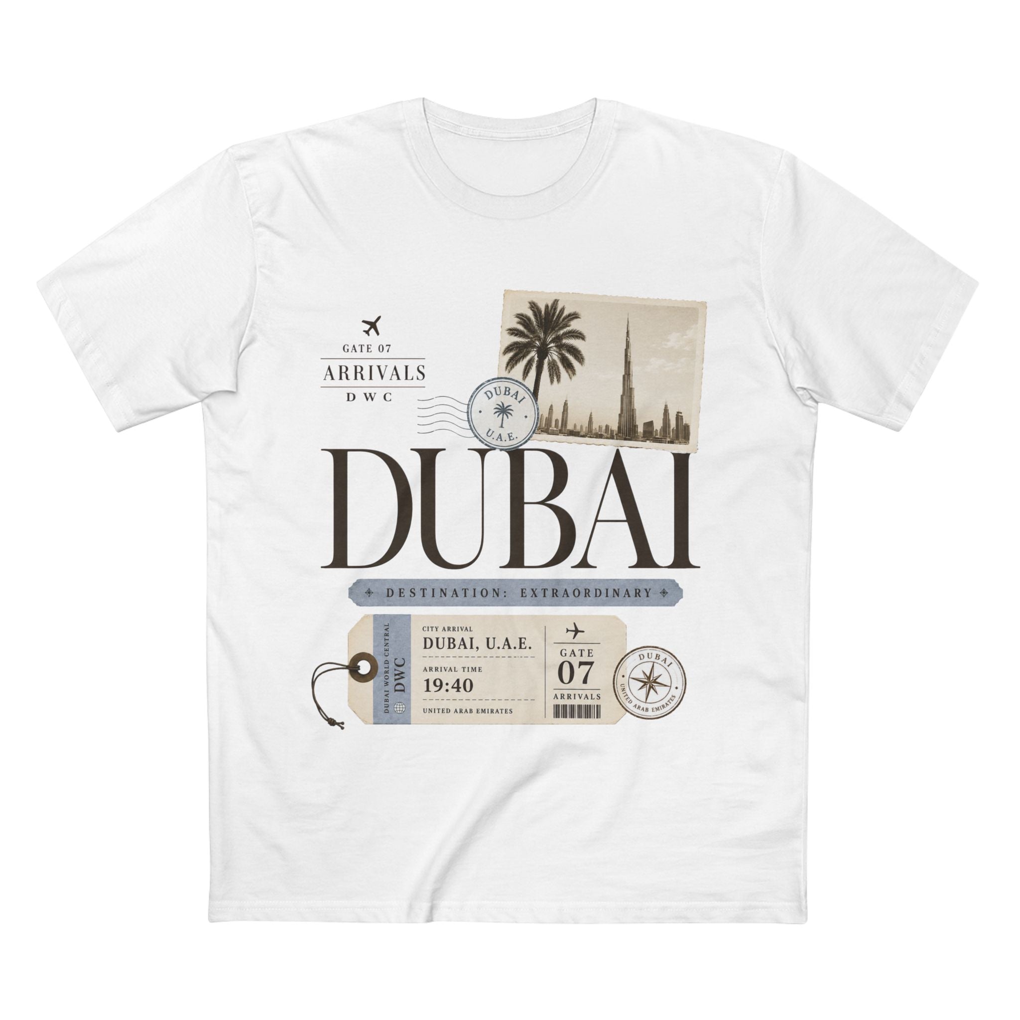 Dubai Travel T‑Shirt — Vintage Boarding Pass Design