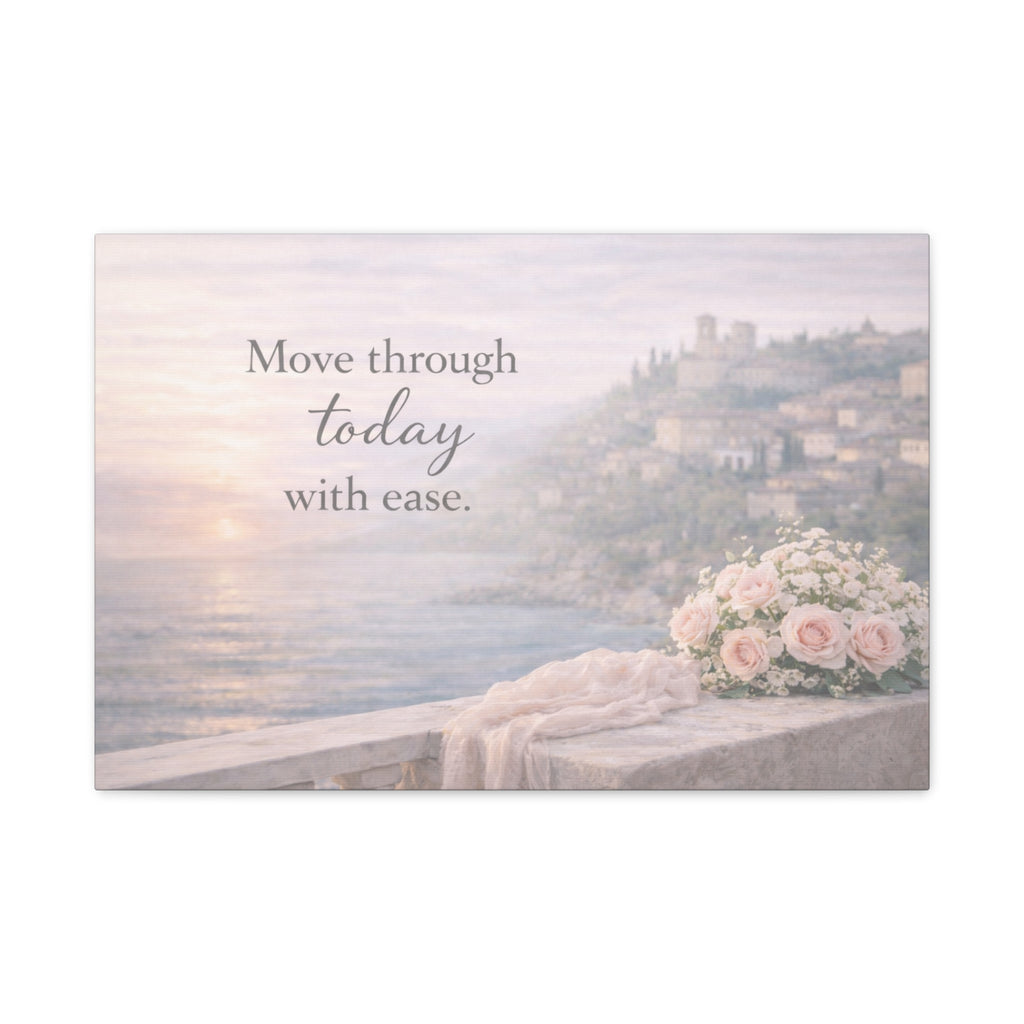 Inspirational canvas wall art with scenic view of a lake and flowers, featuring the text 'Move through today with ease.'