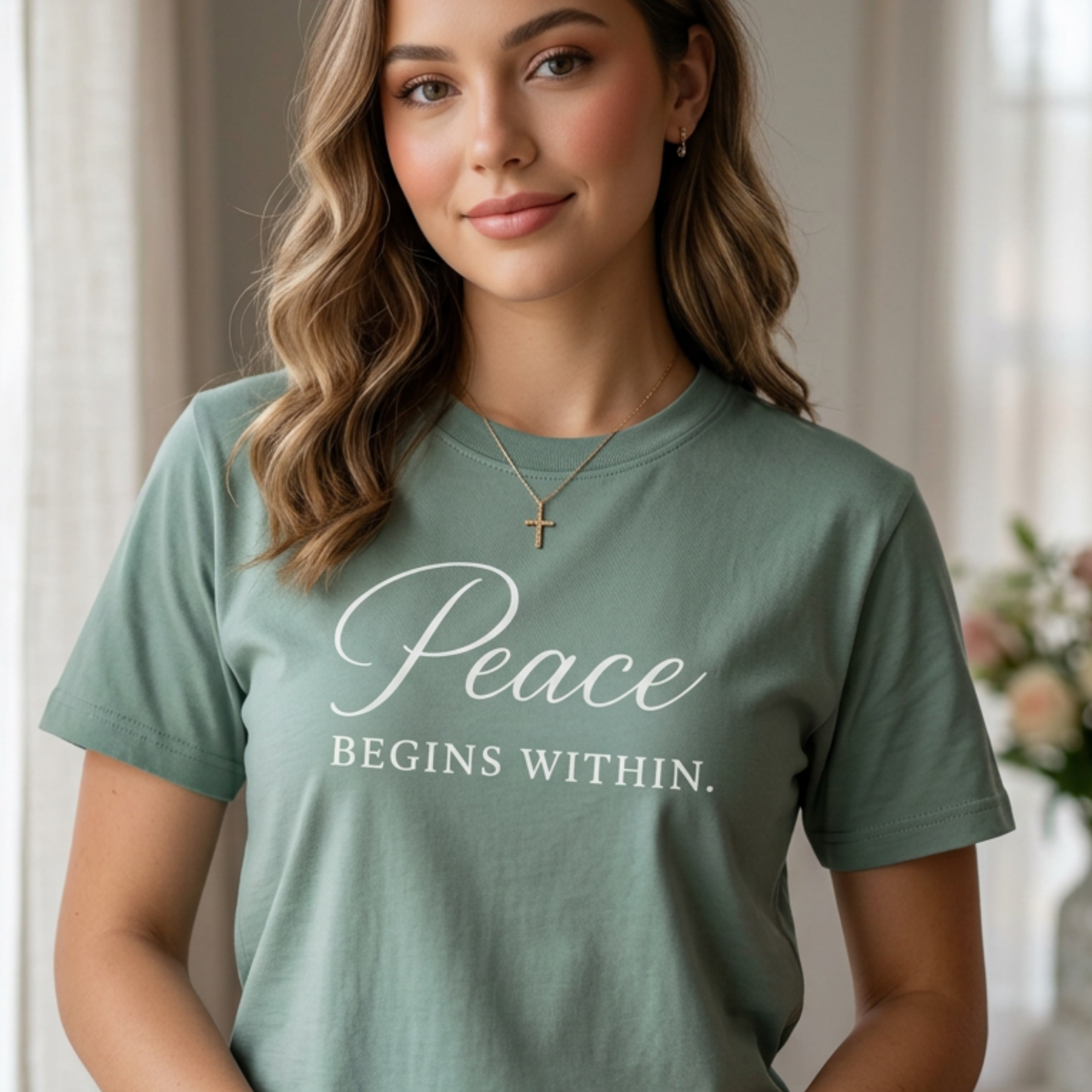 Peace shirt that features the mindfulness quote Peace Begins Within on a sage green tee. Woman is standing next to a window in sunlight with flowers behind her. She is wearing a gold cross necklace over her Christian peace shirt.