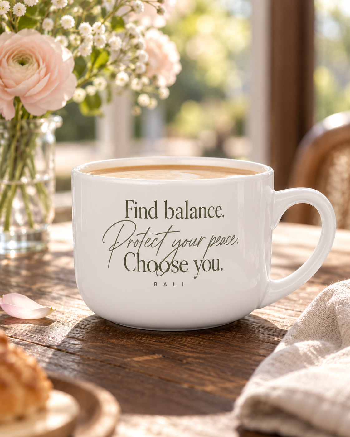 Bali Protect Your Peace white ceramic coffee mug featuring an uplifting mindfulness message.