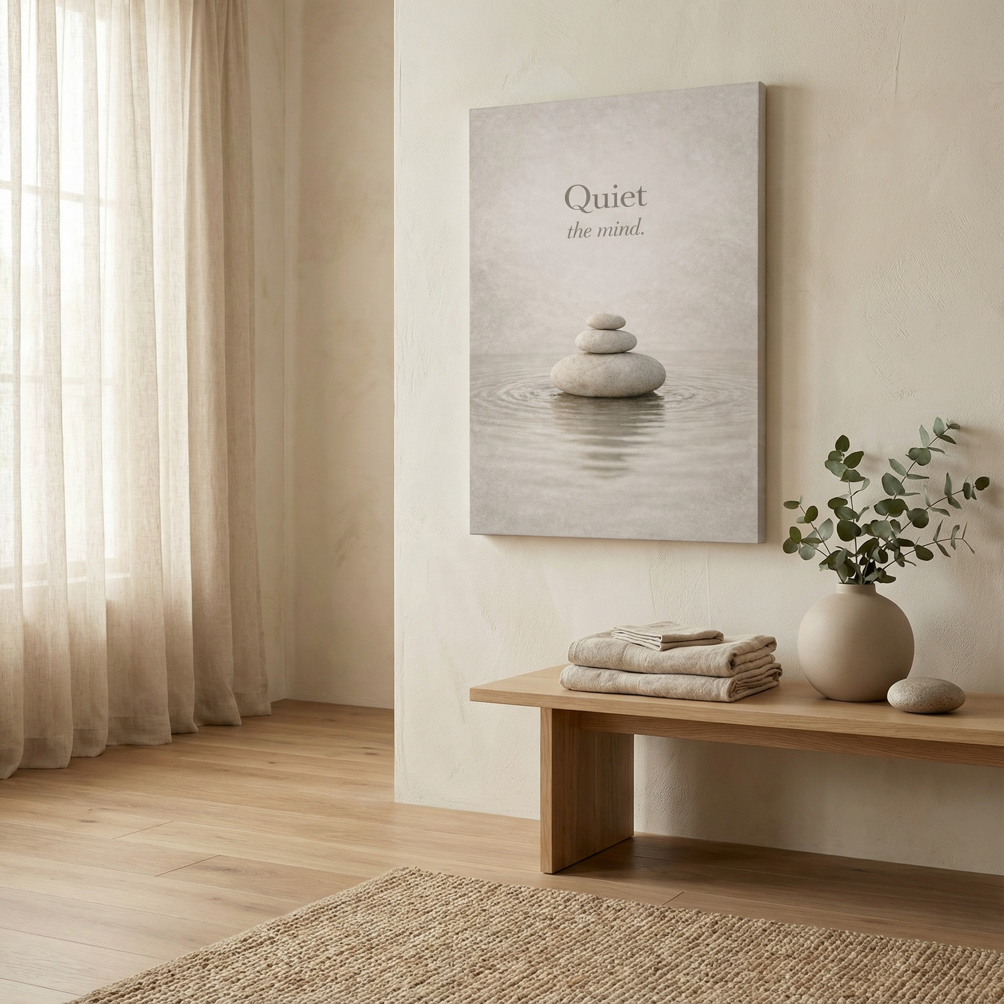 Peaceful room with a Zen mindfulness canvas wall art painting of stones and water, a bench with towels, and a vase with greenery.