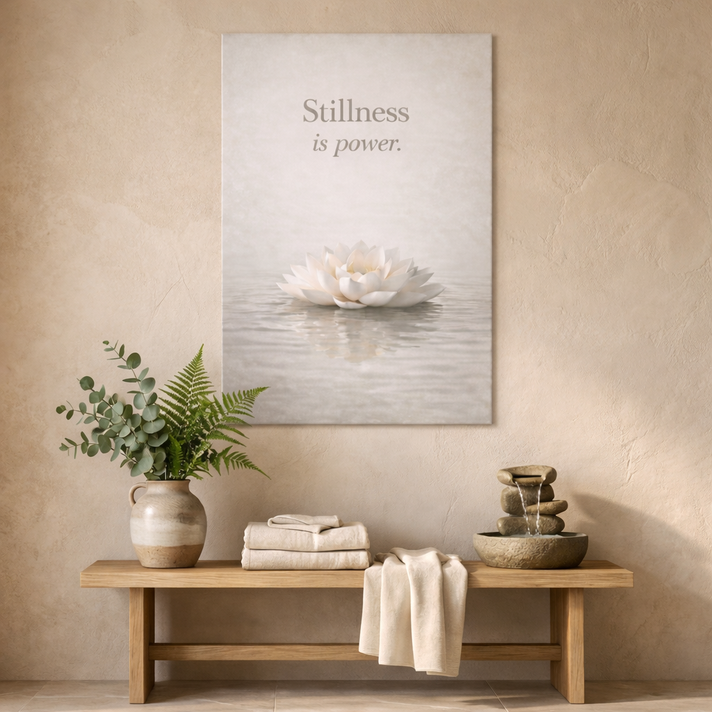 Meditation room with a bench, plant, towels, and Zen mindfulness canvas wall art with 'Stillness is power' quote.