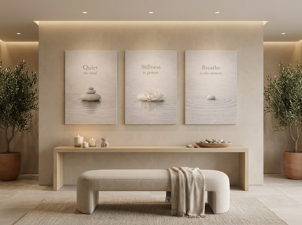 Spa room with a bench, plants, and Zen mindfulness canvas wall art in a neutral color scheme.