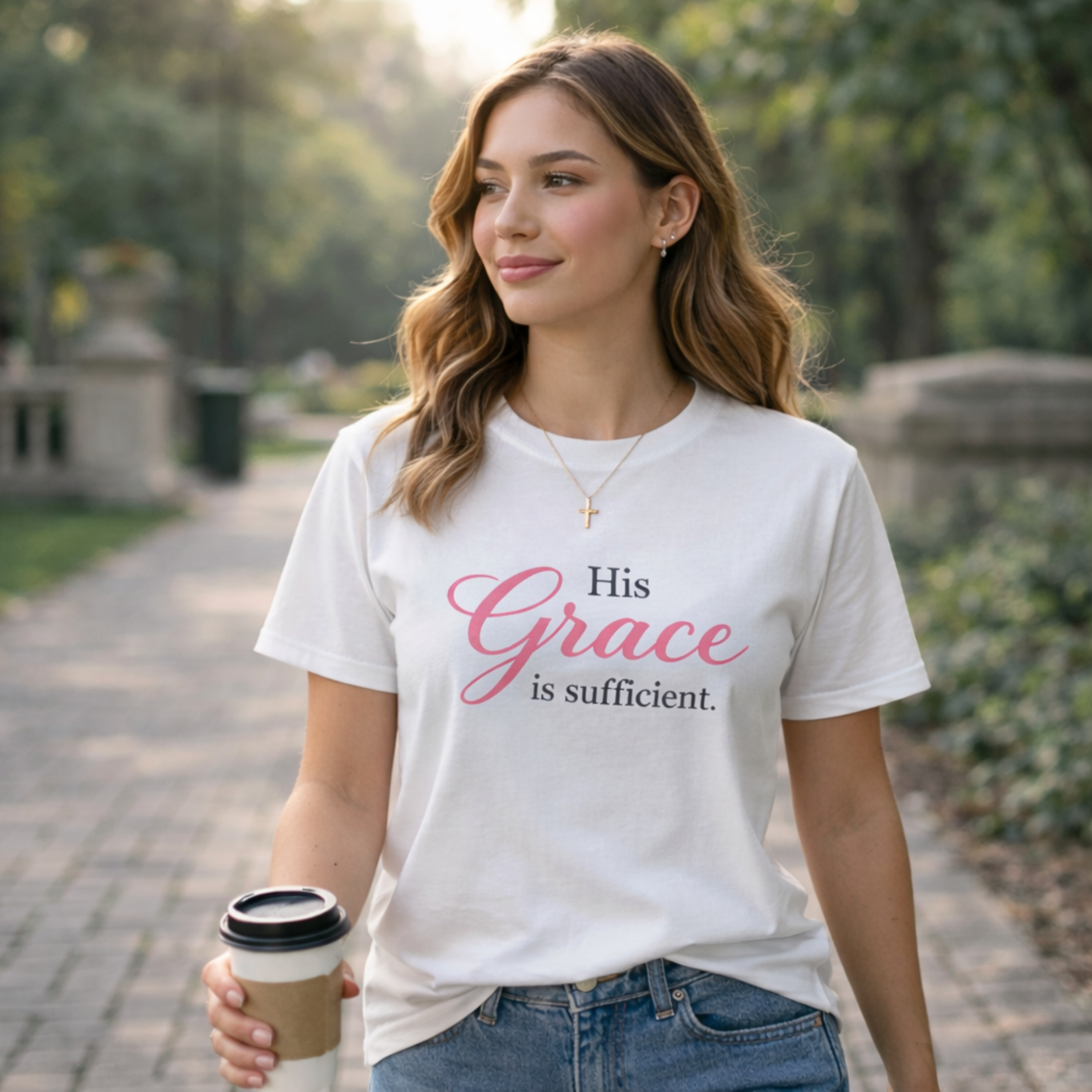 Woman wearing a white Christian inspirational graphic tee with the quote “His Grace is sufficient,” walking outdoors with a coffee in soft natural light, styled with jeans and an elegant feminine faith-based lifestyle aesthetic.