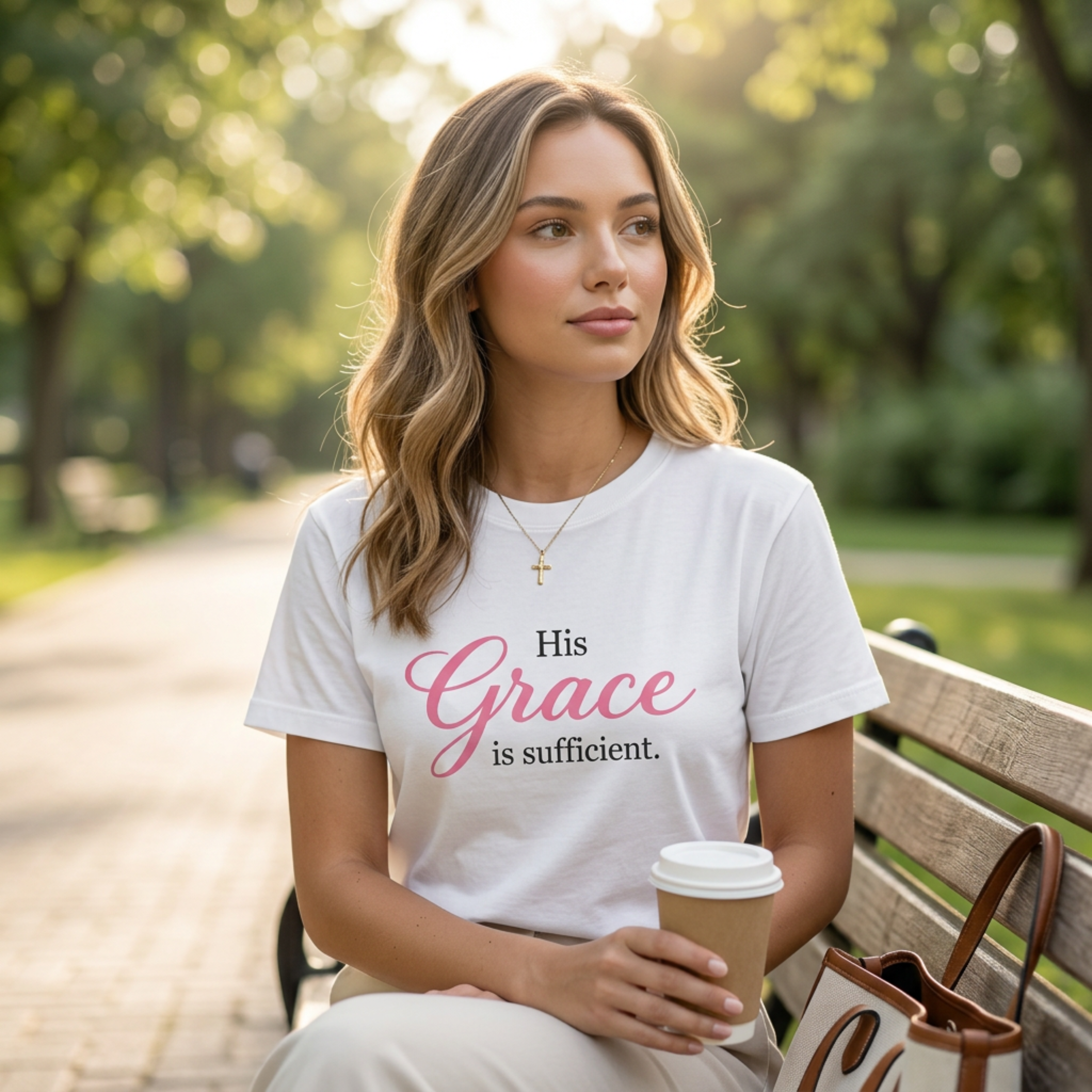 Woman wearing a white Christian inspirational graphic tee with the quote “His Grace is sufficient,” seated on a park bench with a coffee in soft natural light, styled in an elegant feminine faith-based everyday look.