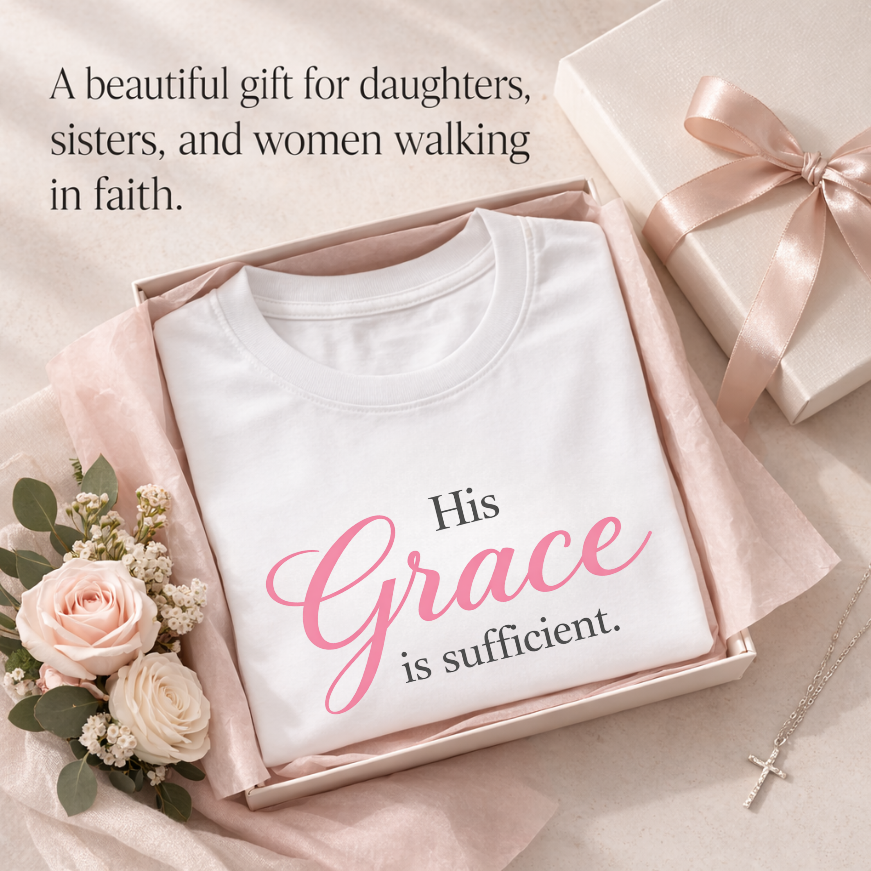 Gift-style flat lay of a white Christian inspirational graphic tee with the quote “His Grace is sufficient,” folded in a blush gift box with pink tissue paper, roses, and a cross necklace, styled as a meaningful faith-based gift for daughters, sisters, and women of faith.