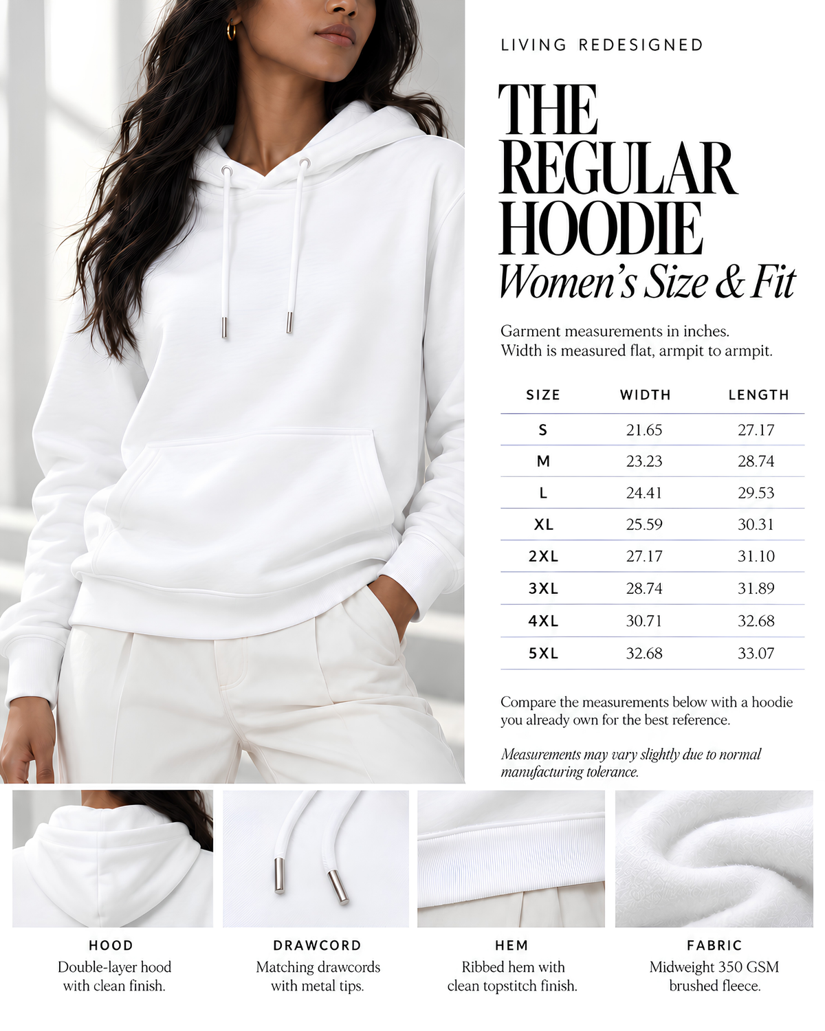 White women's pullover hoodie size and fit guide by Living Redesigned, featuring a model wearing a regular-fit hoodie, S–5XL garment measurements, double-layer hood, matching drawcords with metal tips, ribbed hem, and premium 350 GSM organic cotton-blend brushed fleece.